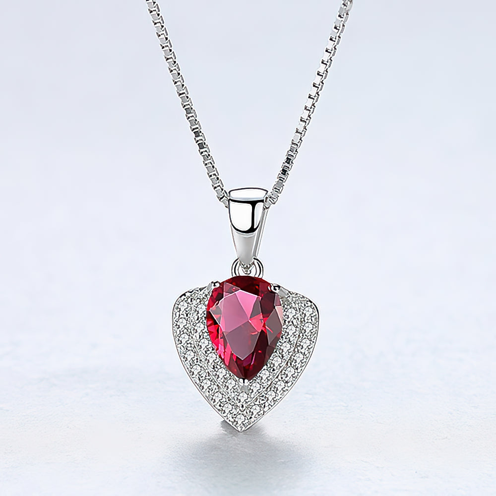 Sterling Silver Heart Red CZ Necklace – Halo Pendant, Rhodium Plated
