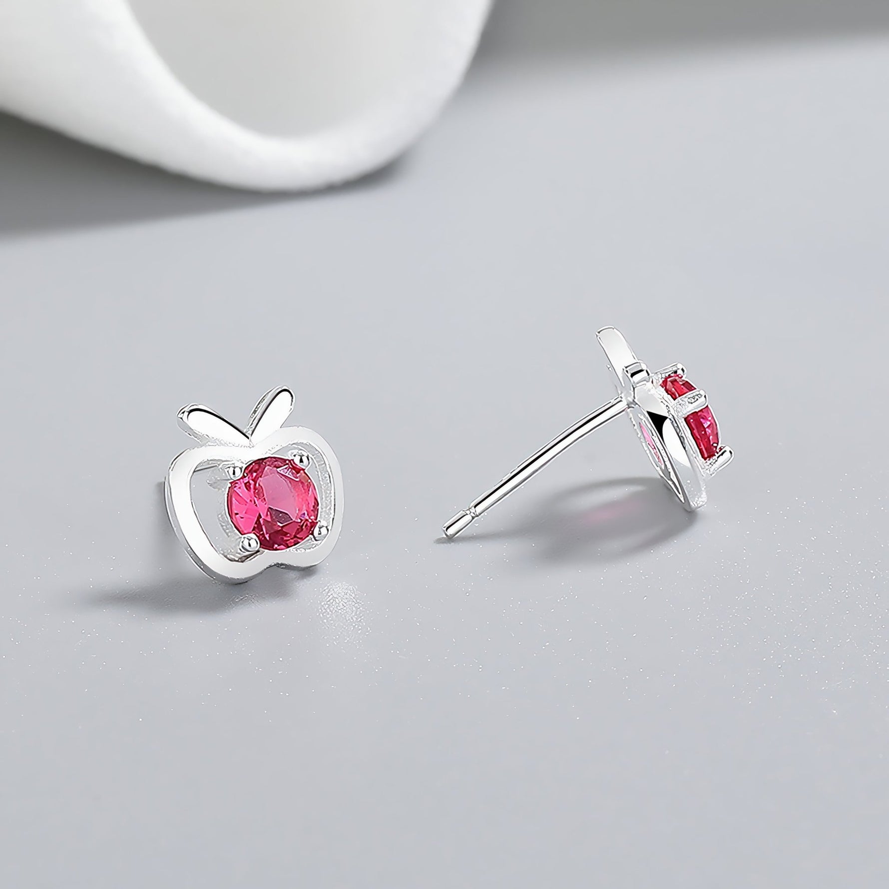 925 Silver Apple - Shaped Studs – Pink Cubic Zirconi - NAFALUXE