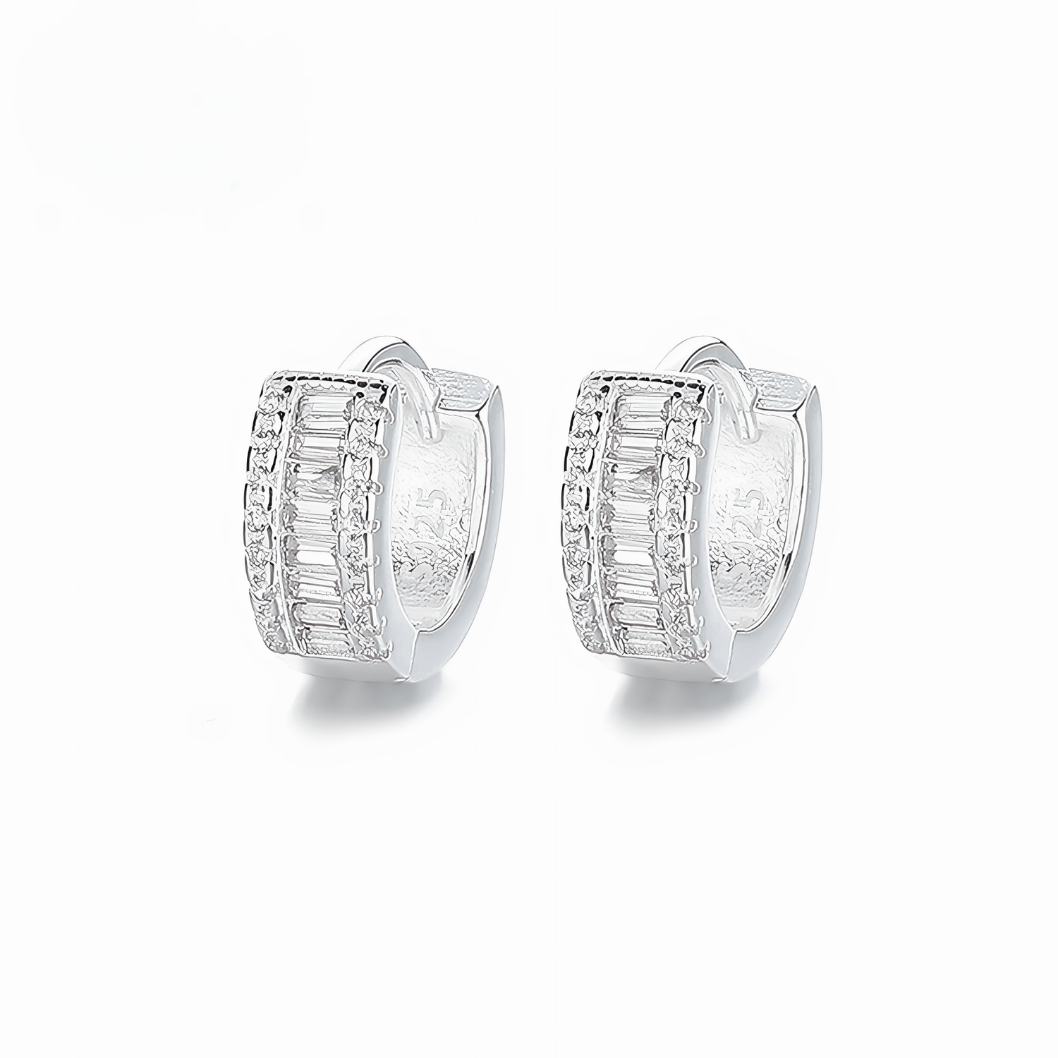925 Sterling Silver Baguette Huggie Hoop Earrings with AAA Cubic Zirconia - NAFALUXE