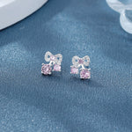 925 Sterling Silver Bow Stud Earrings with Pink AAA Cubic Zirconia Trio - NAFALUXE