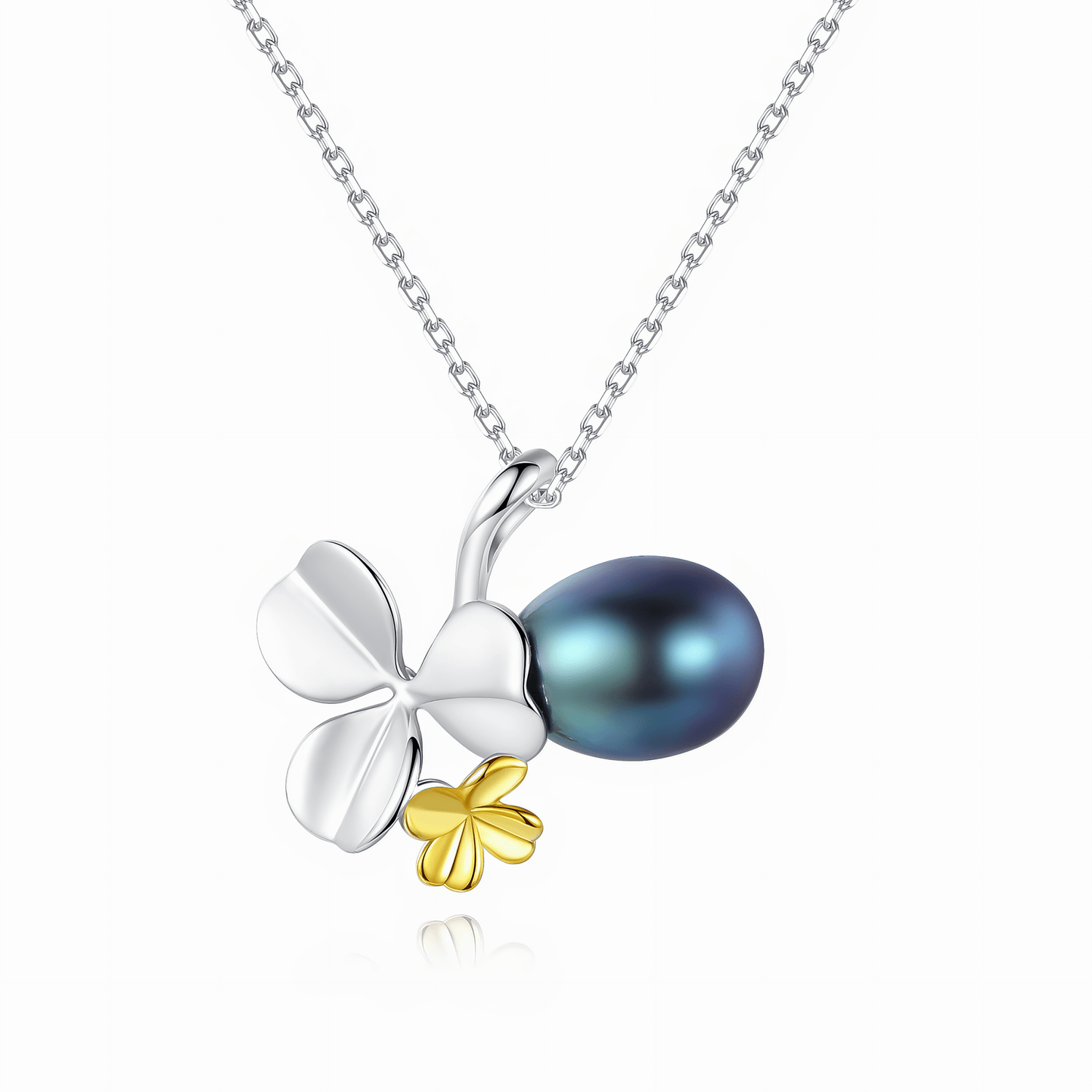 925 Sterling Silver Clover Necklace with Dark Pearl – Two - Tone Design - NAFALUXE