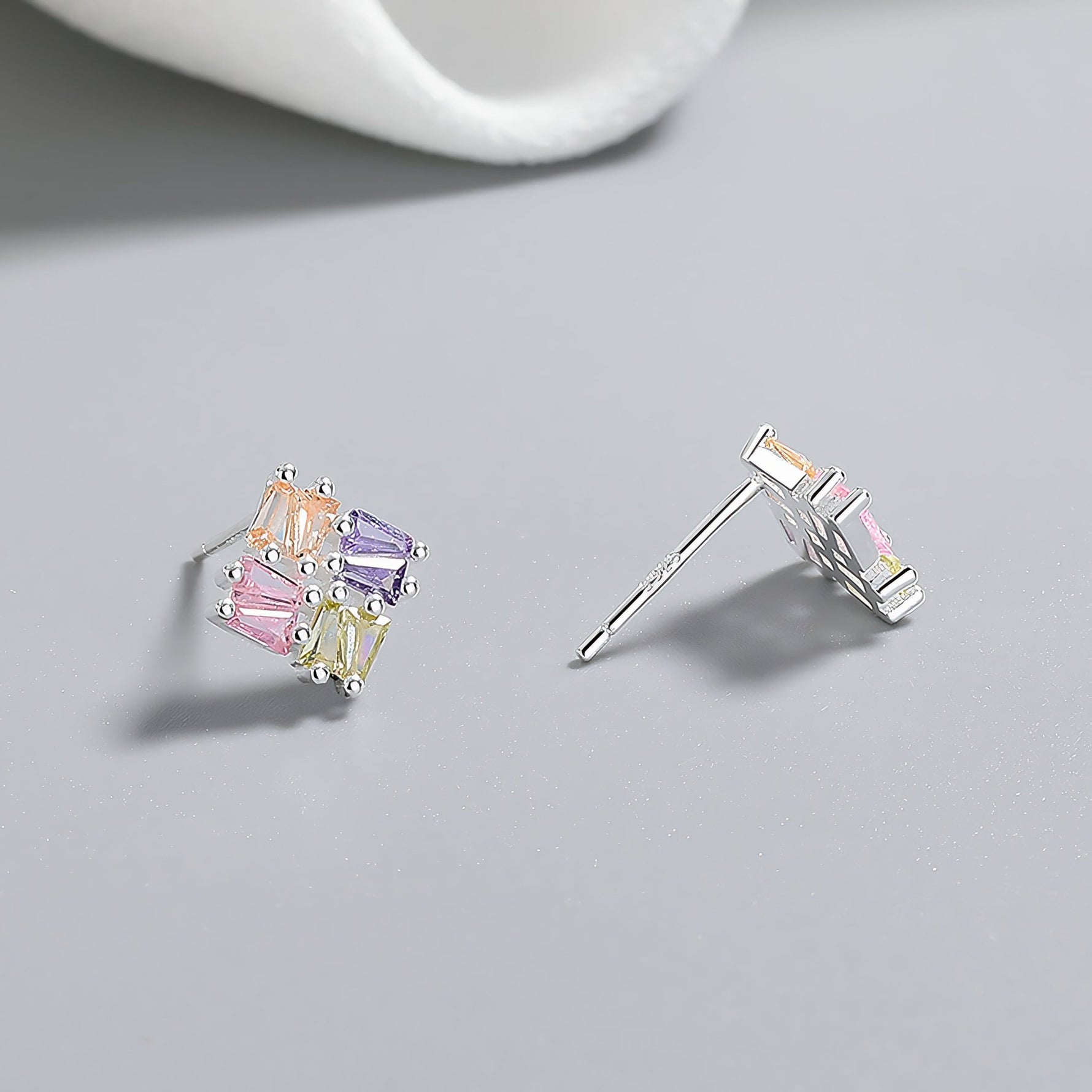 925 Sterling Silver Colorful Baguette Stud Earrings | Multicolor AAA Cubic Zirconia | Geometric Design - NAFALUXE