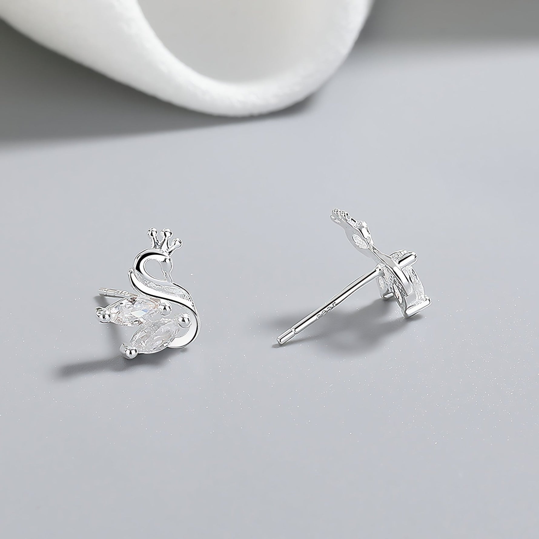 925 Sterling Silver Crown Swan Stud Earrings with Marquise - Cut Crystals - NAFALUXE