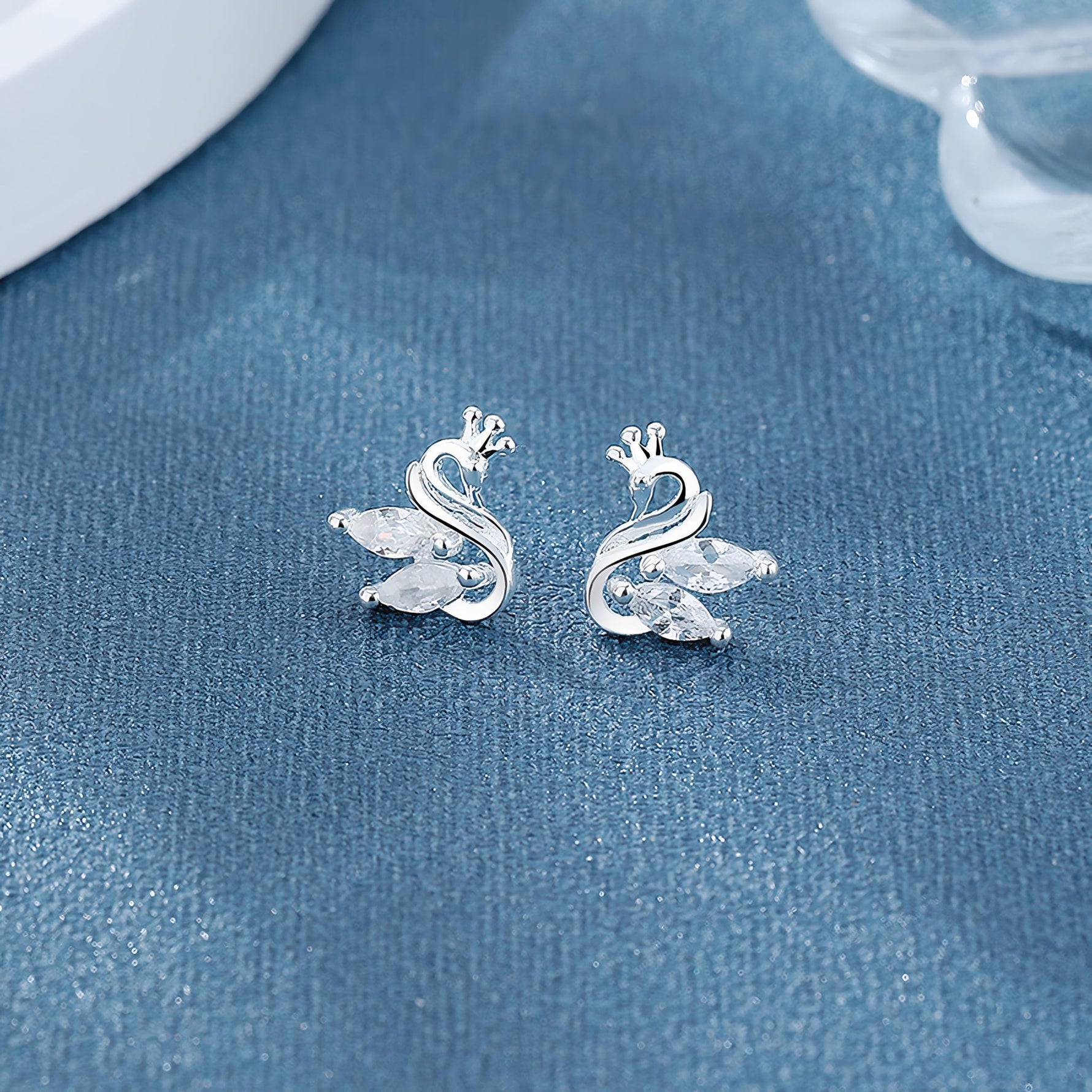 925 Sterling Silver Crown Swan Stud Earrings with Marquise - Cut Crystals - NAFALUXE