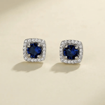 925 Sterling Silver Cushion Stud Earrings with Blue Center and Halo AAA Cubic Zirconia - NAFALUXE