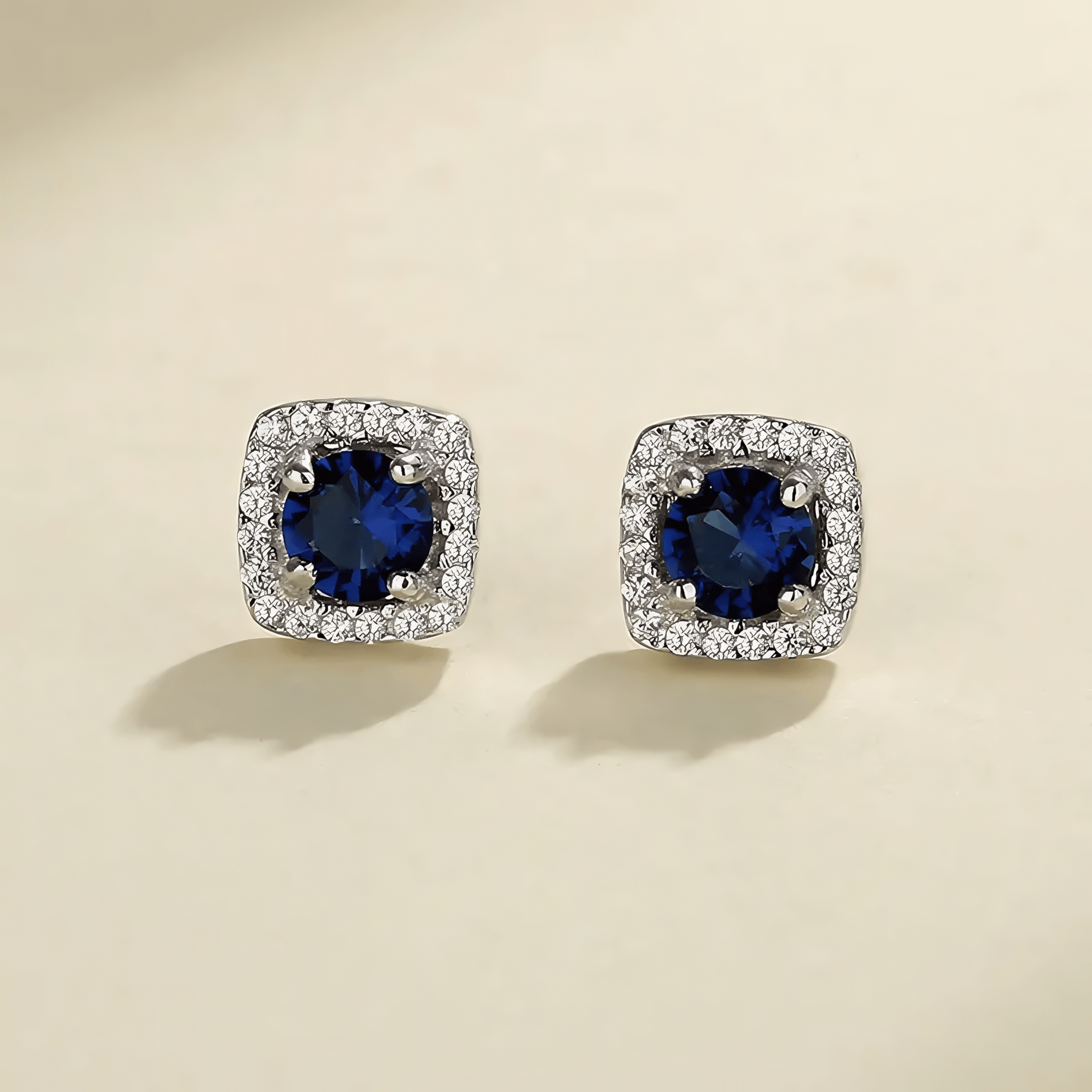 925 Sterling Silver Cushion Stud Earrings with Blue Center and Halo AAA Cubic Zirconia - NAFALUXE