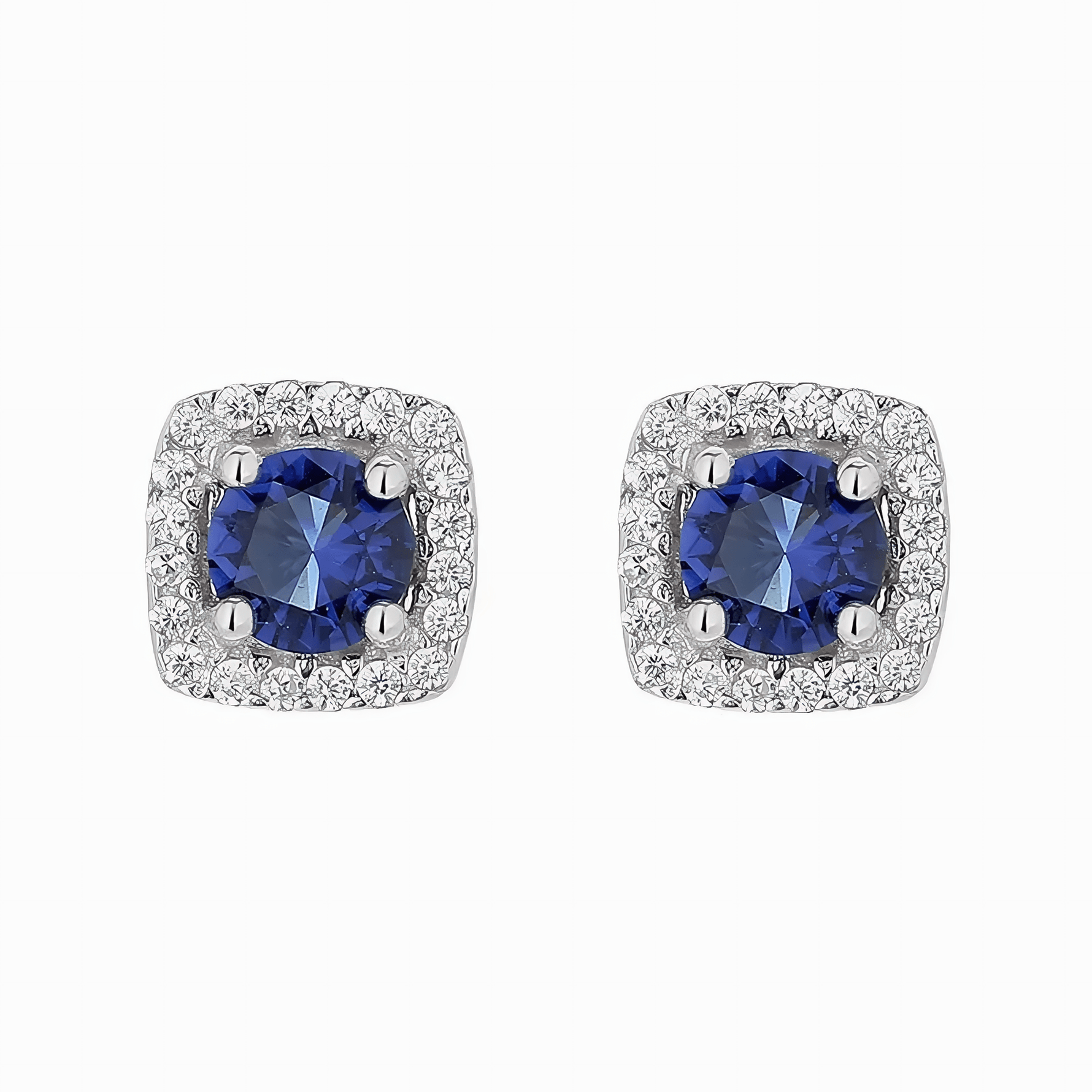 925 Sterling Silver Cushion Stud Earrings with Blue Center and Halo AAA Cubic Zirconia - NAFALUXE