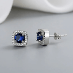 925 Sterling Silver Cushion Stud Earrings with Blue Center and Halo AAA Cubic Zirconia - NAFALUXE