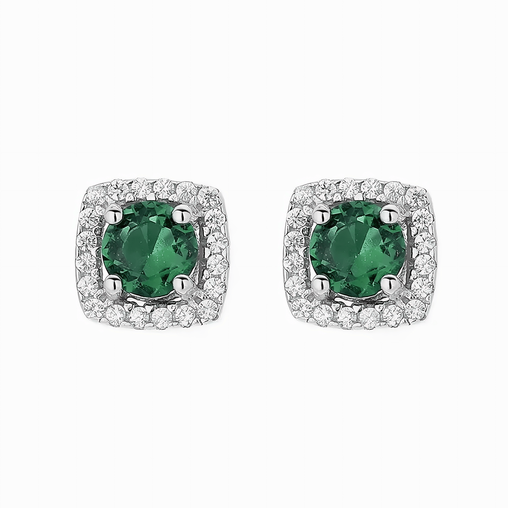 925 Sterling Silver Cushion Stud Earrings with Green Center and Halo AAA Cubic Zirconia - NAFALUXE