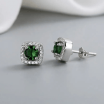 925 Sterling Silver Cushion Stud Earrings with Green Center and Halo AAA Cubic Zirconia - NAFALUXE