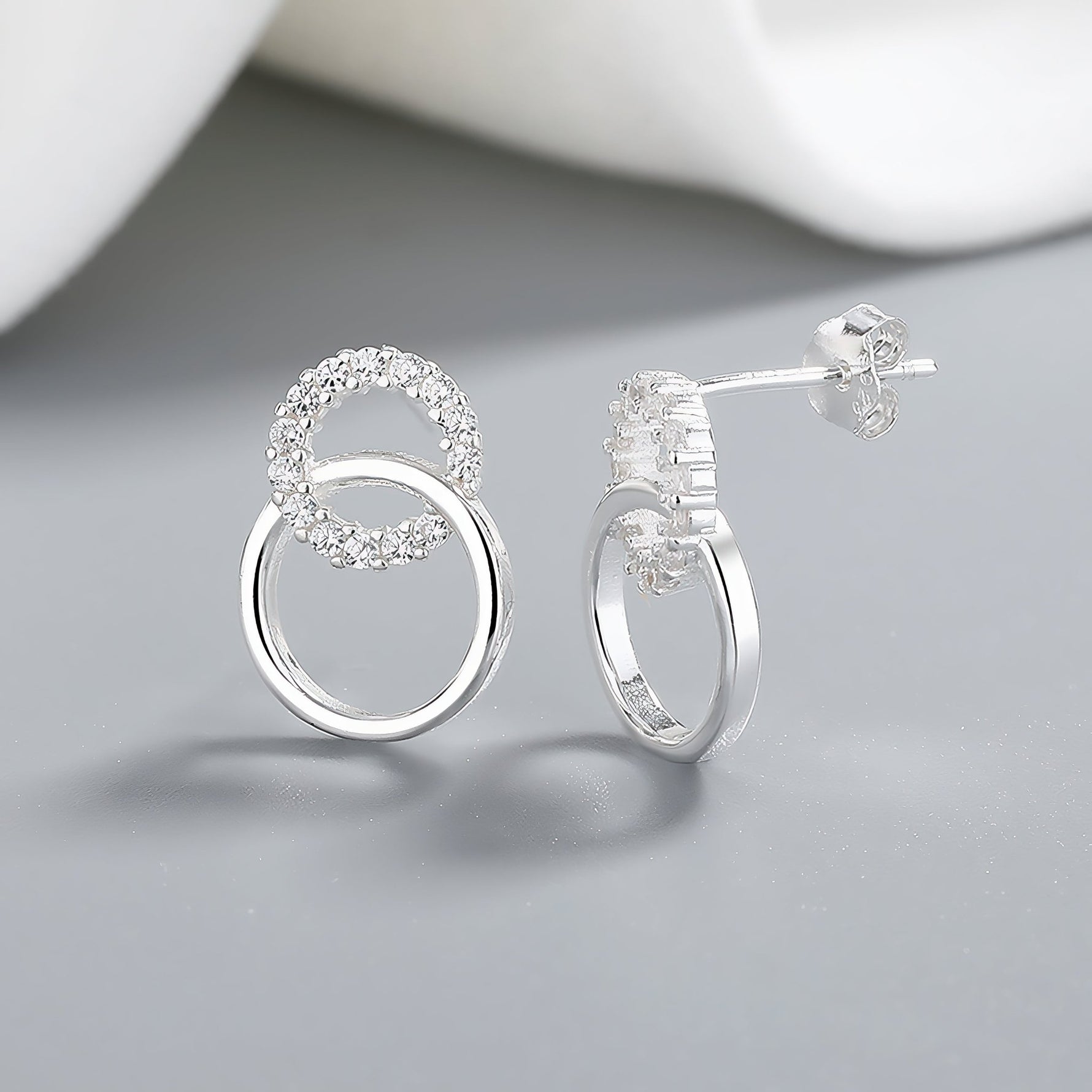 925 Sterling Silver Double Circle Stud Earrings with Sparkling AAA Cubic Zirconia - NAFALUXE