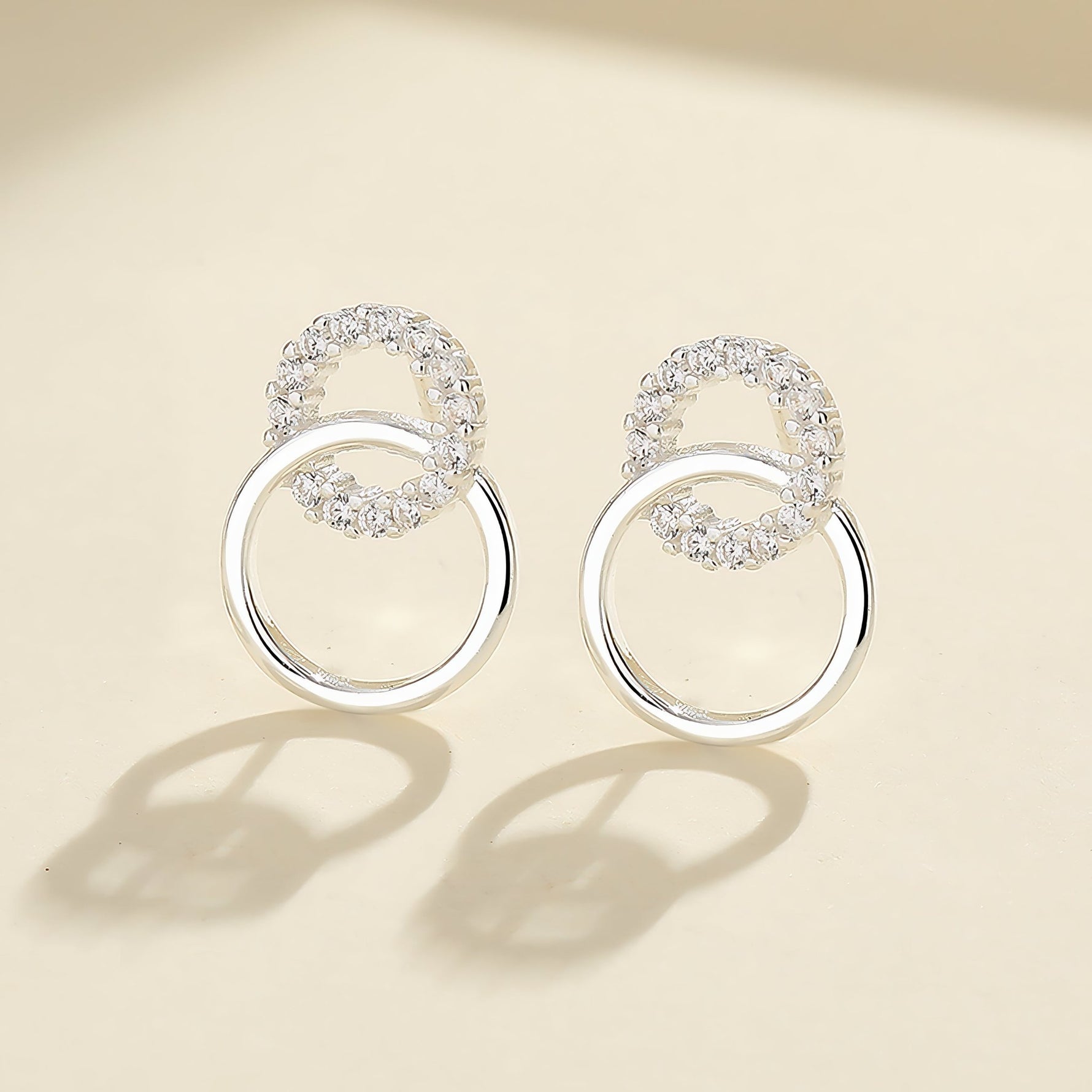 925 Sterling Silver Double Circle Stud Earrings with Sparkling AAA Cubic Zirconia - NAFALUXE