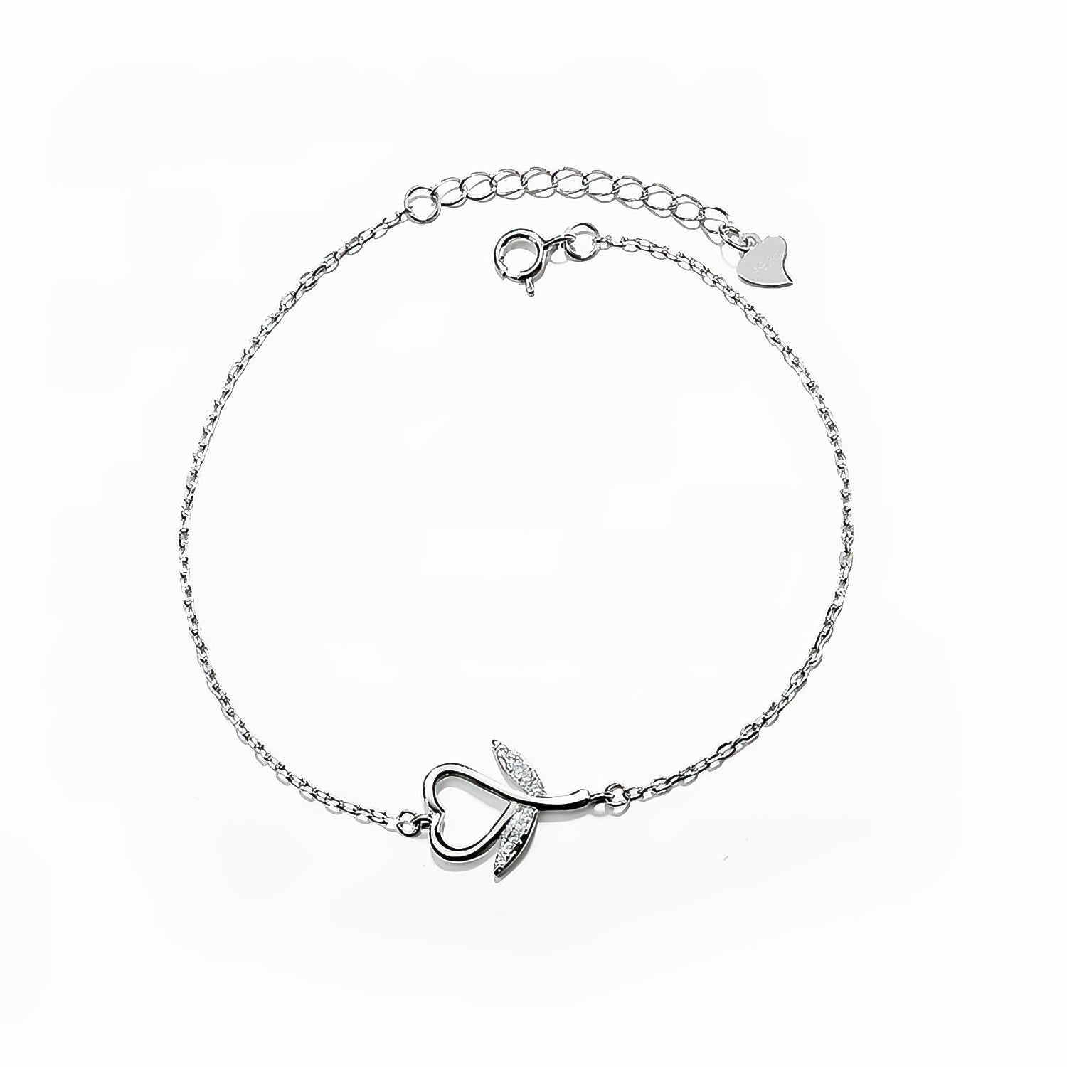 925 Sterling Silver Heart Bracelet with Zircon Accent – Rhodium Plated - NAFALUXE