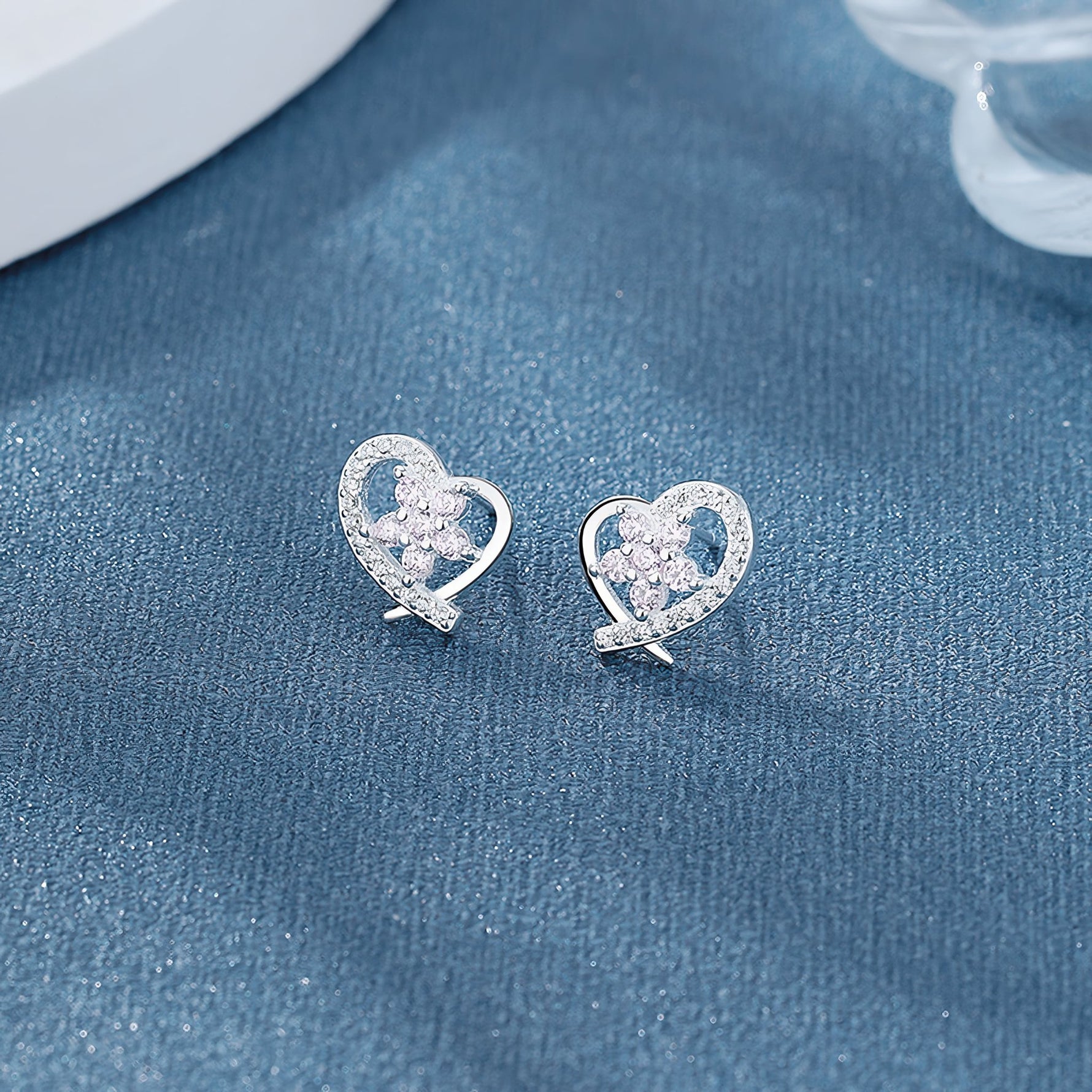 925 Sterling Silver Heart Stud Earrings with Pink Flower AAA Cubic Zirconia - NAFALUXE