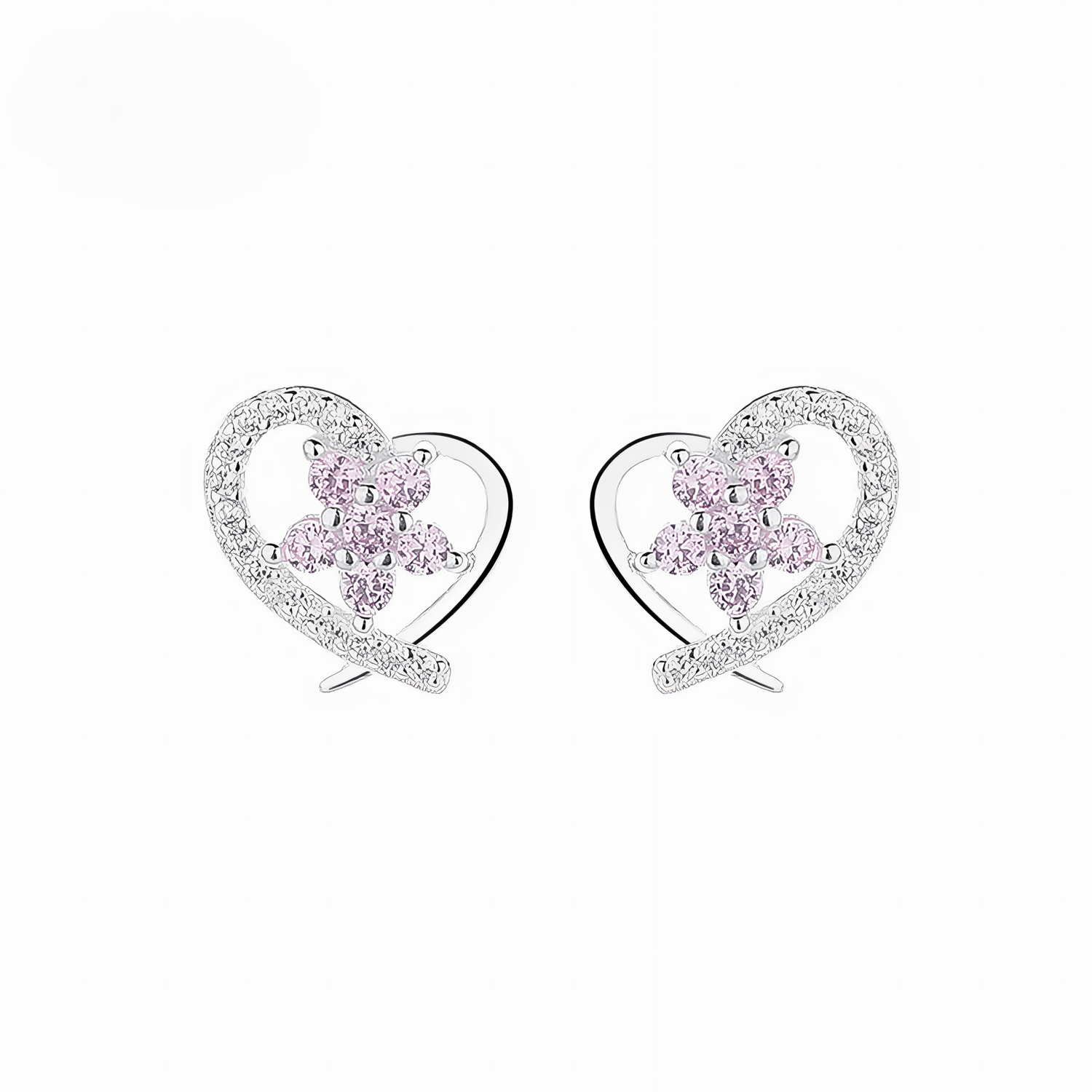 925 Sterling Silver Heart Stud Earrings with Pink Flower AAA Cubic Zirconia - NAFALUXE