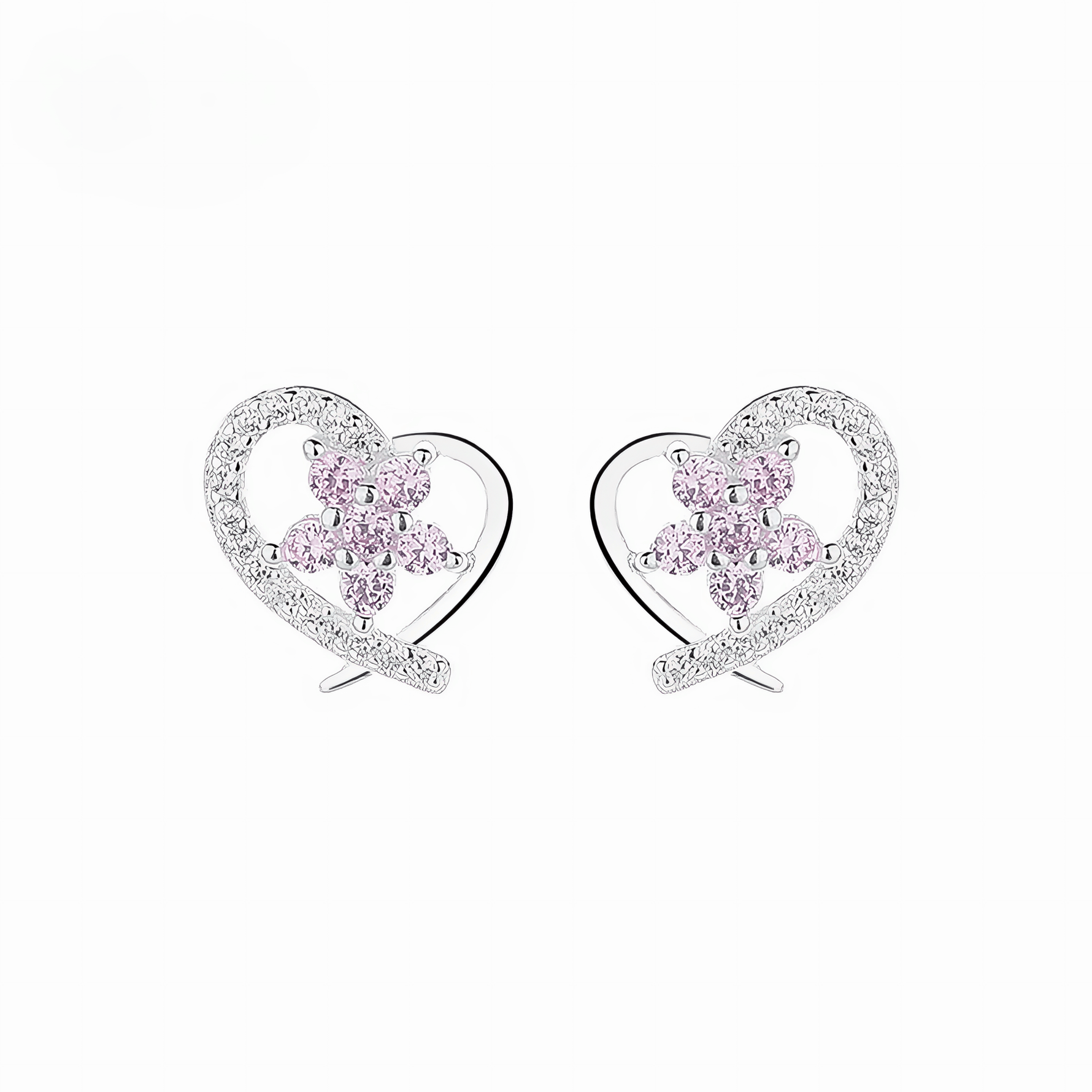 925 Sterling Silver Heart Stud Earrings with Pink Flower AAA Cubic Zirconia - NAFALUXE