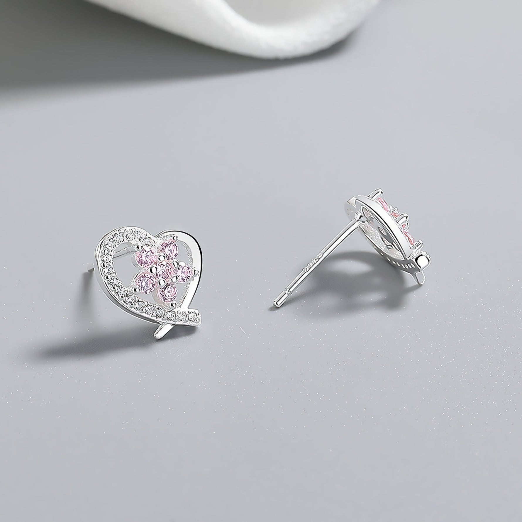925 Sterling Silver Heart Stud Earrings with Pink Flower AAA Cubic Zirconia - NAFALUXE