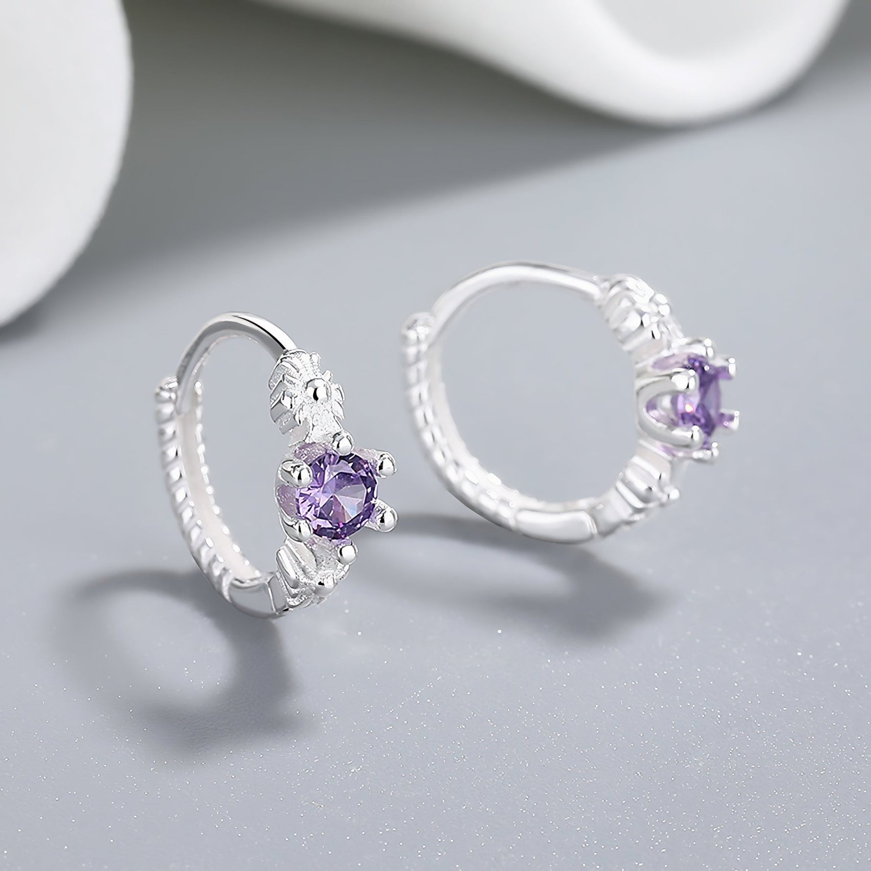 925 Sterling Silver Hoop Earrings with Purple AAA Cubic Zirconia Claw Setting - NAFALUXE