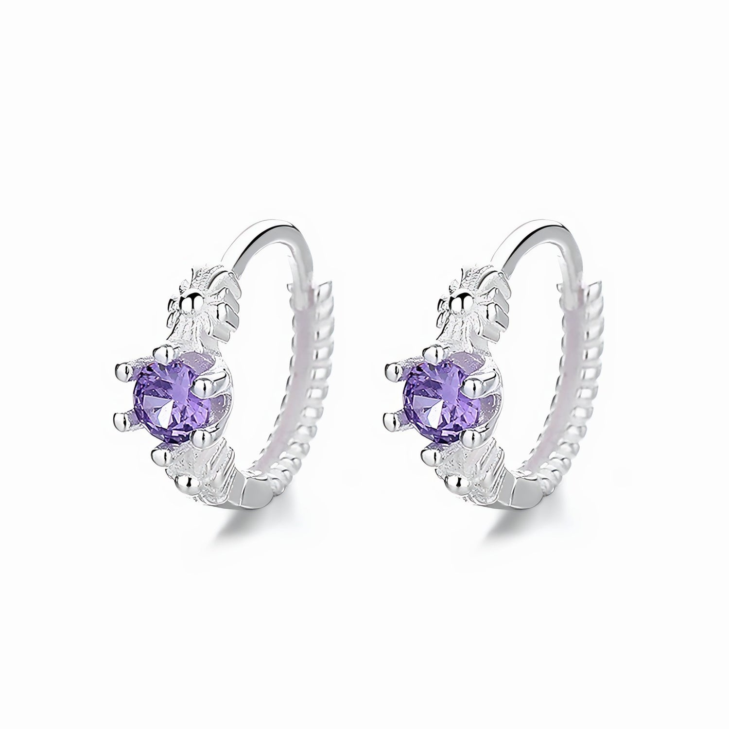 925 Sterling Silver Hoop Earrings with Purple AAA Cubic Zirconia Claw Setting - NAFALUXE