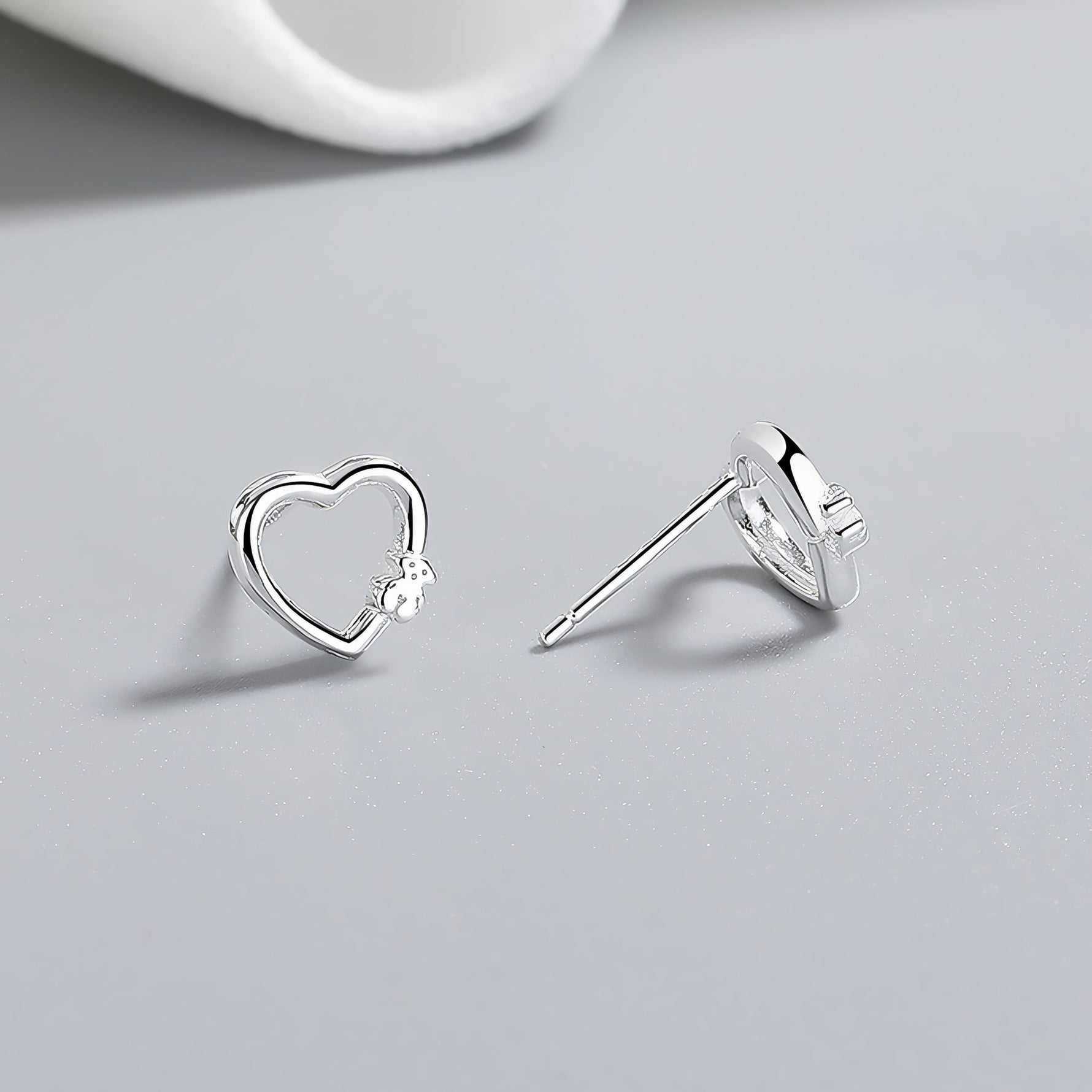 925 Sterling Silver Open Heart Stud Earrings with Teddy Bear Charm - NAFALUXE
