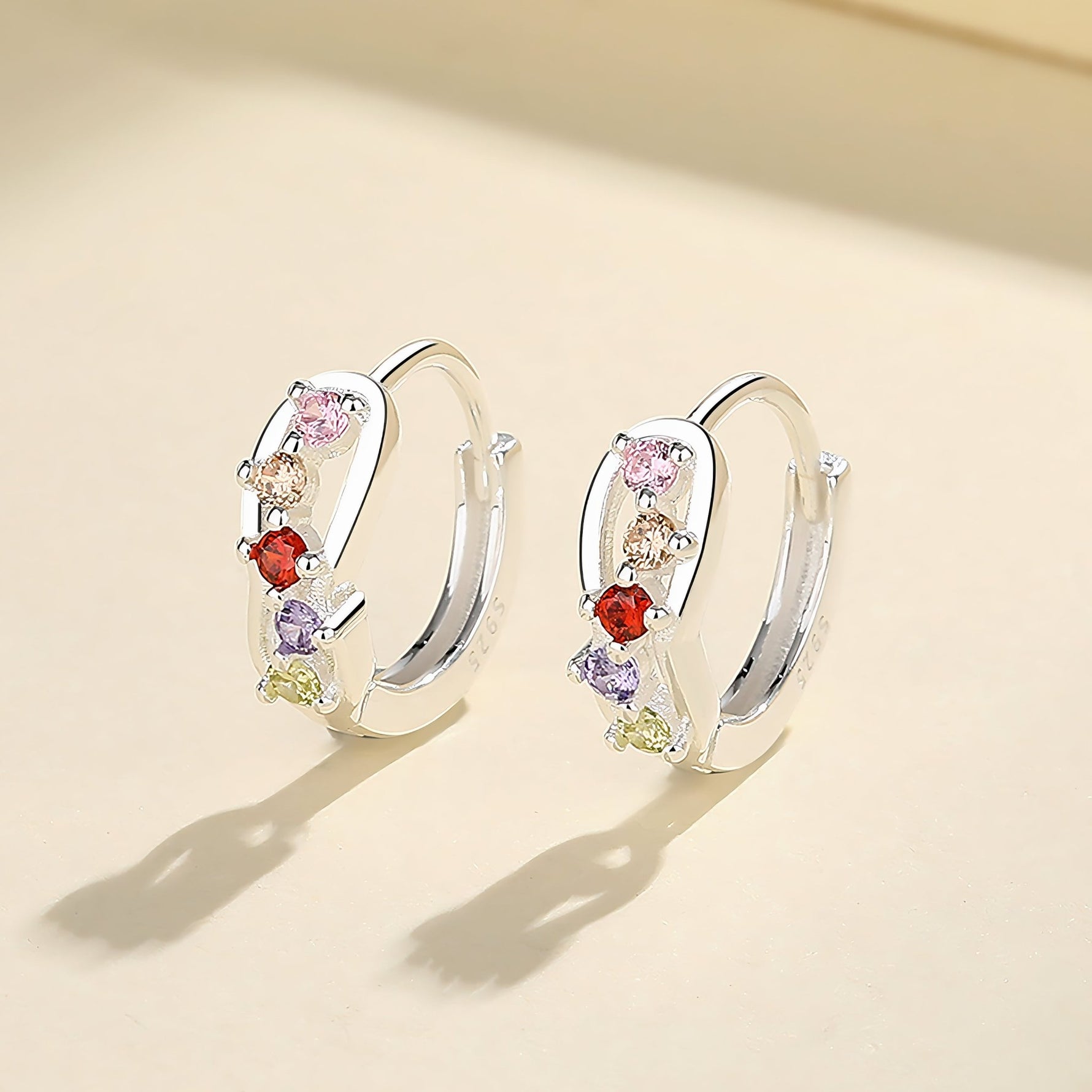 925 Sterling Silver Rainbow Huggie Hoop Earrings with Multicolor AAA Cubic Zirconia - NAFALUXE