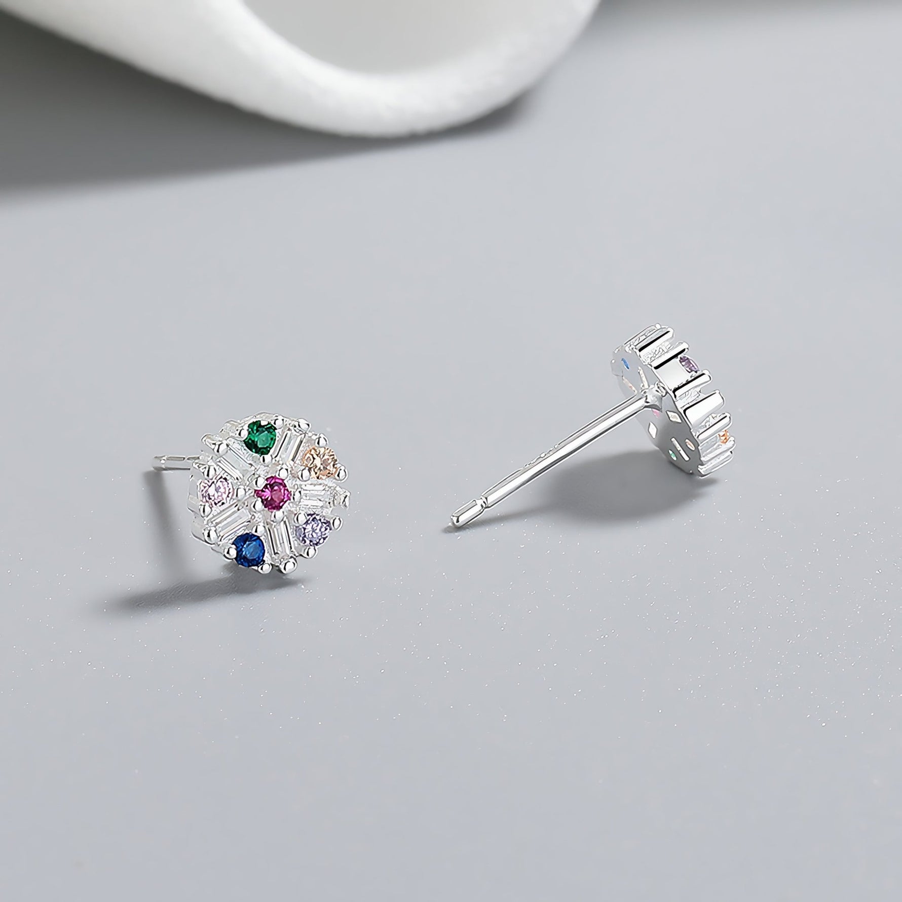 925 Sterling Silver Round Stud Earrings with Multicolor AAA Cubic Zirconia - NAFALUXE