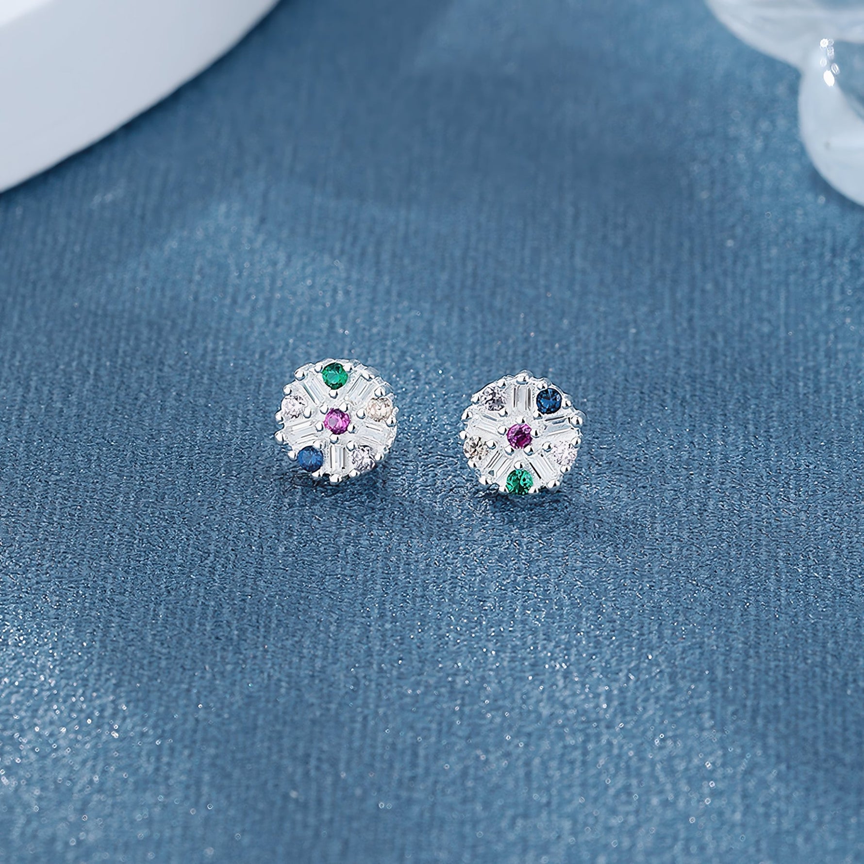 925 Sterling Silver Round Stud Earrings with Multicolor AAA Cubic Zirconia - NAFALUXE