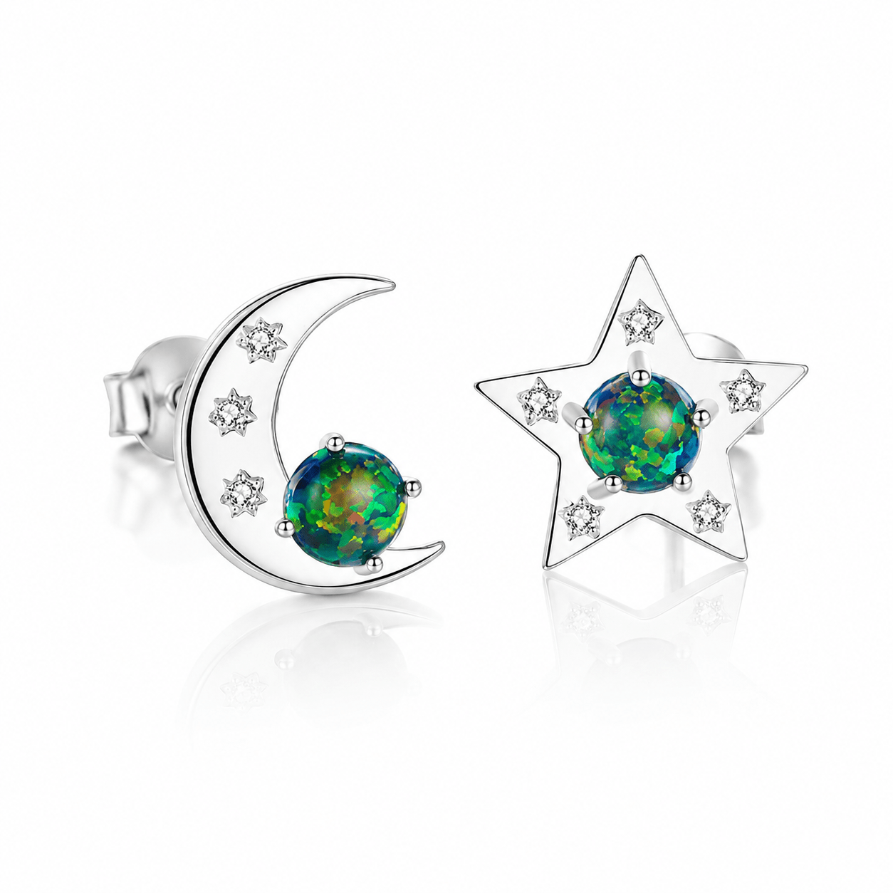 925 Sterling Silver Star & Moon Stud Earrings with Green Formica Stone - NAFALUXE