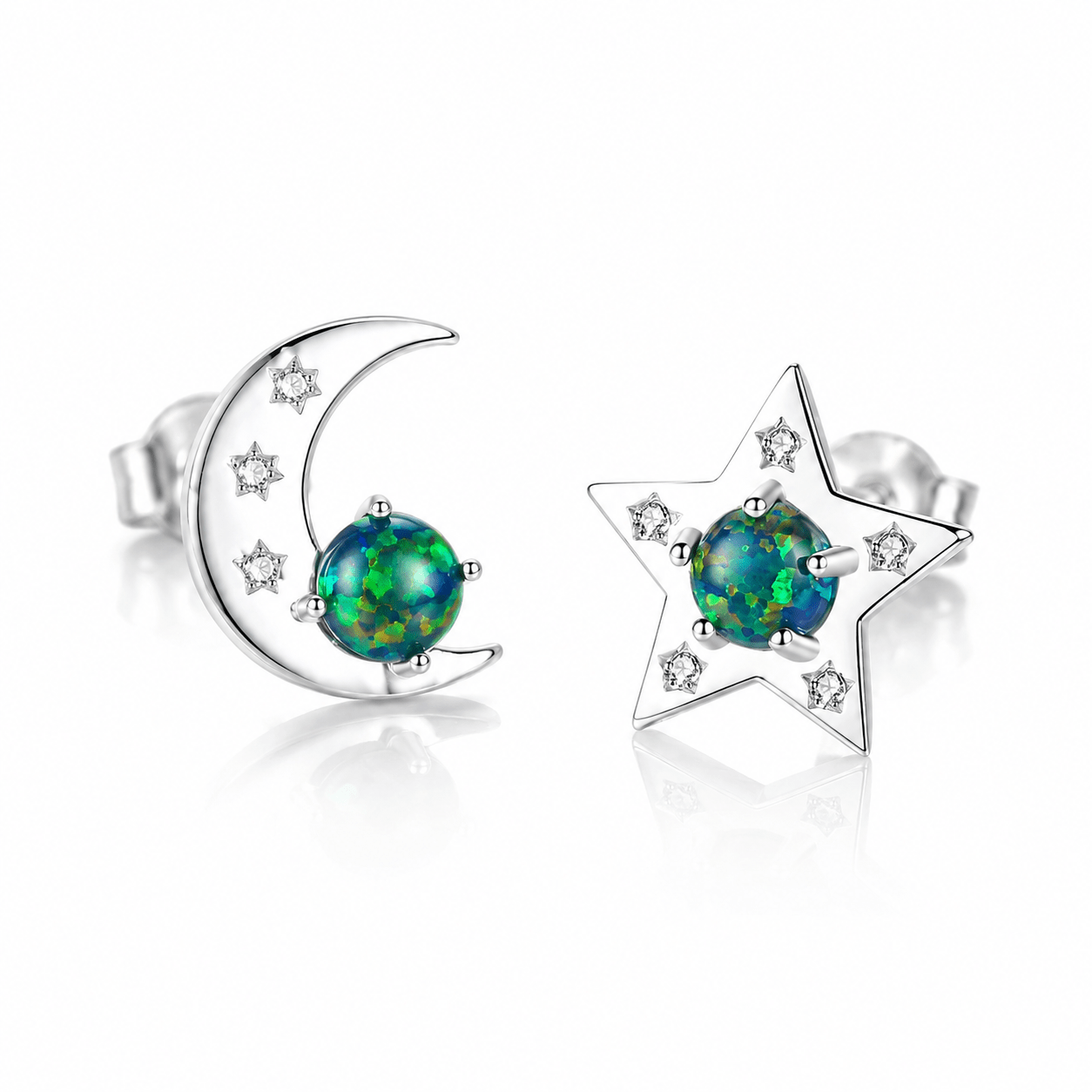 925 Sterling Silver Star & Moon Stud Earrings with Green Formica Stone - NAFALUXE