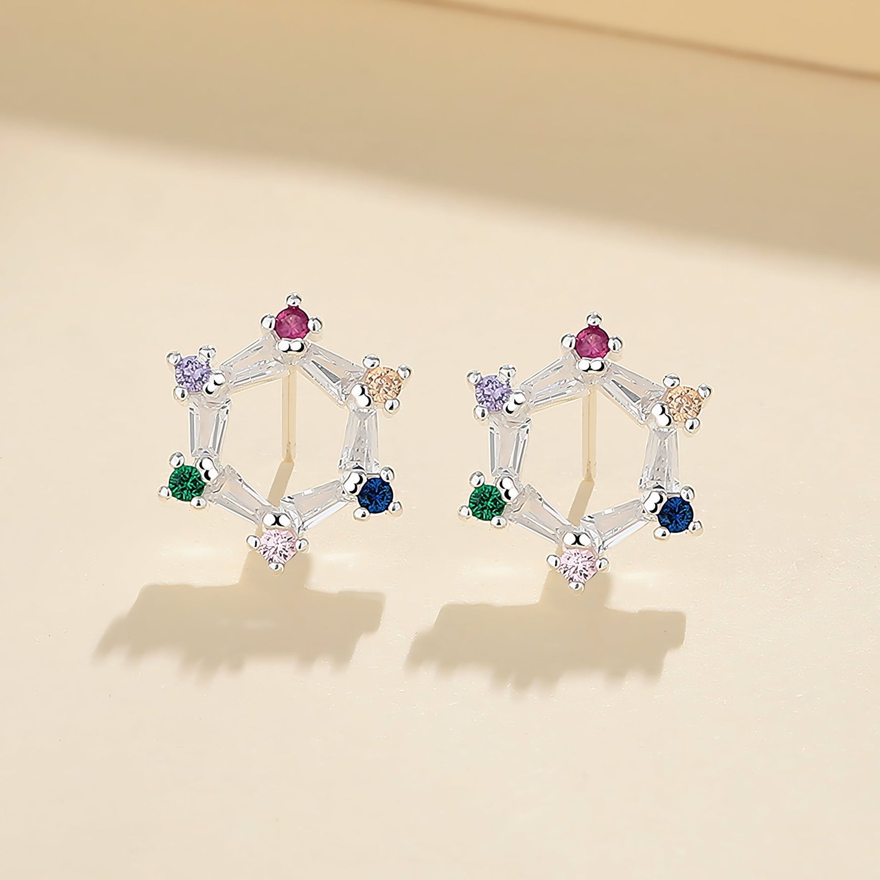 925 Sterling Silver Star Stud Earrings with Multicolor AAA Cubic Zirconia - NAFALUXE