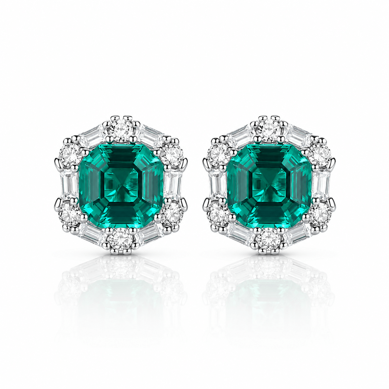 925 Sterling Silver Stud Earrings with Emerald-Green Formica Stone Halo - NAFALUXE