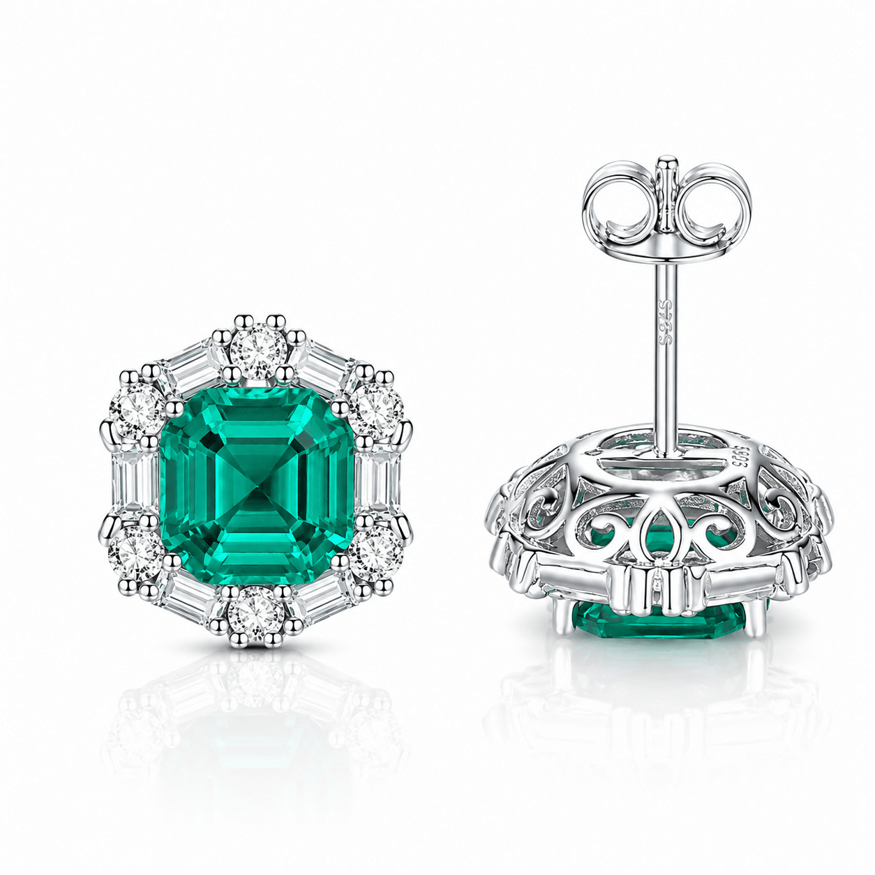 925 Sterling Silver Stud Earrings with Emerald-Green Formica Stone Halo - NAFALUXE