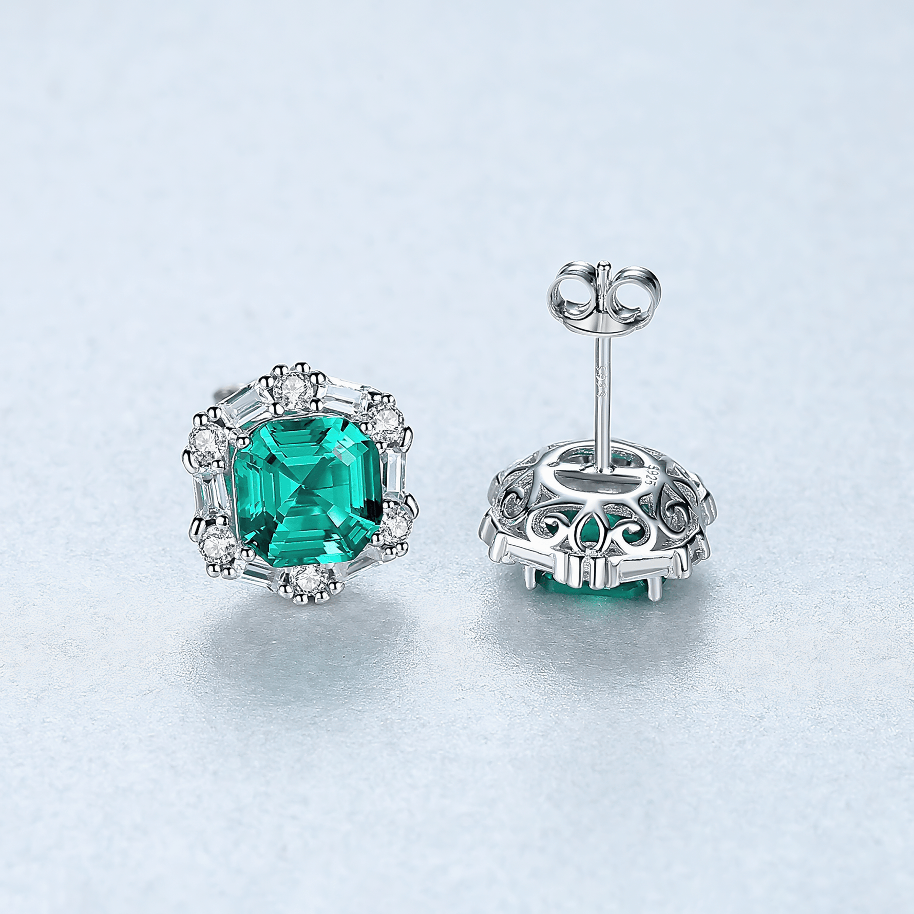 925 Sterling Silver Stud Earrings with Emerald - Green Formica Stone Halo - NAFALUXE