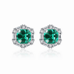 925 Sterling Silver Stud Earrings with Emerald - Green Formica Stone Halo - NAFALUXE