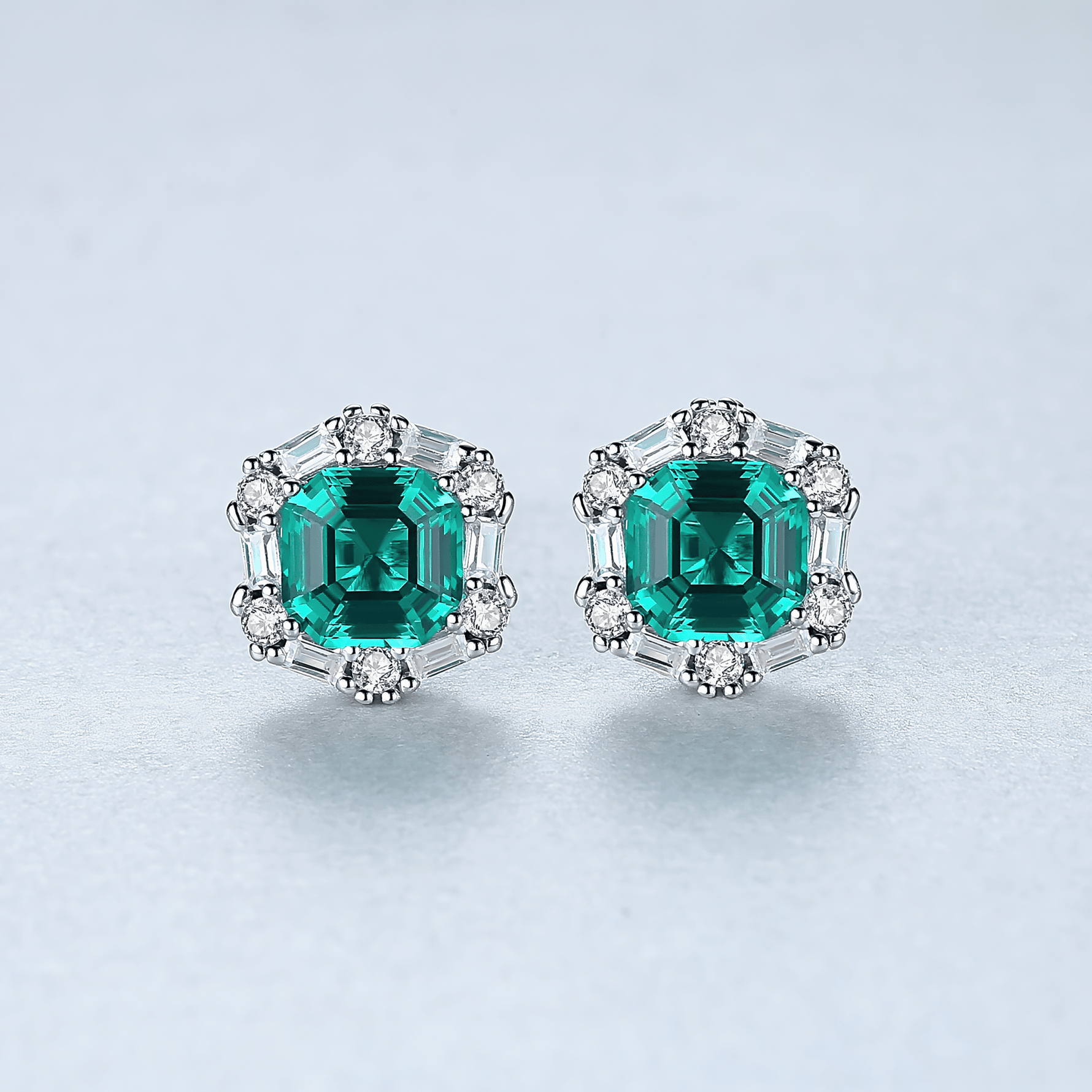 925 Sterling Silver Stud Earrings with Emerald - Green Formica Stone Halo - NAFALUXE