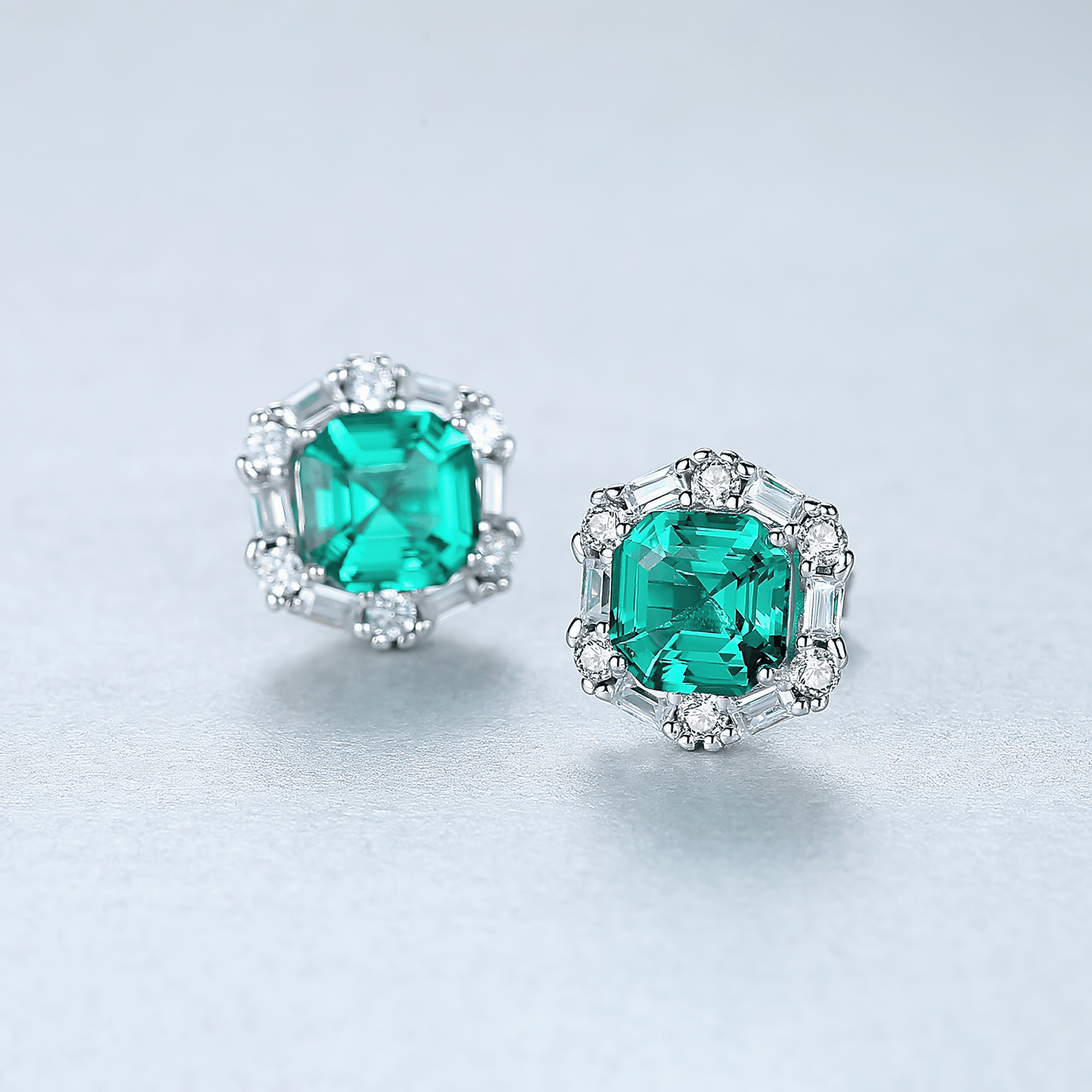 925 Sterling Silver Stud Earrings with Emerald - Green Formica Stone Halo - NAFALUXE