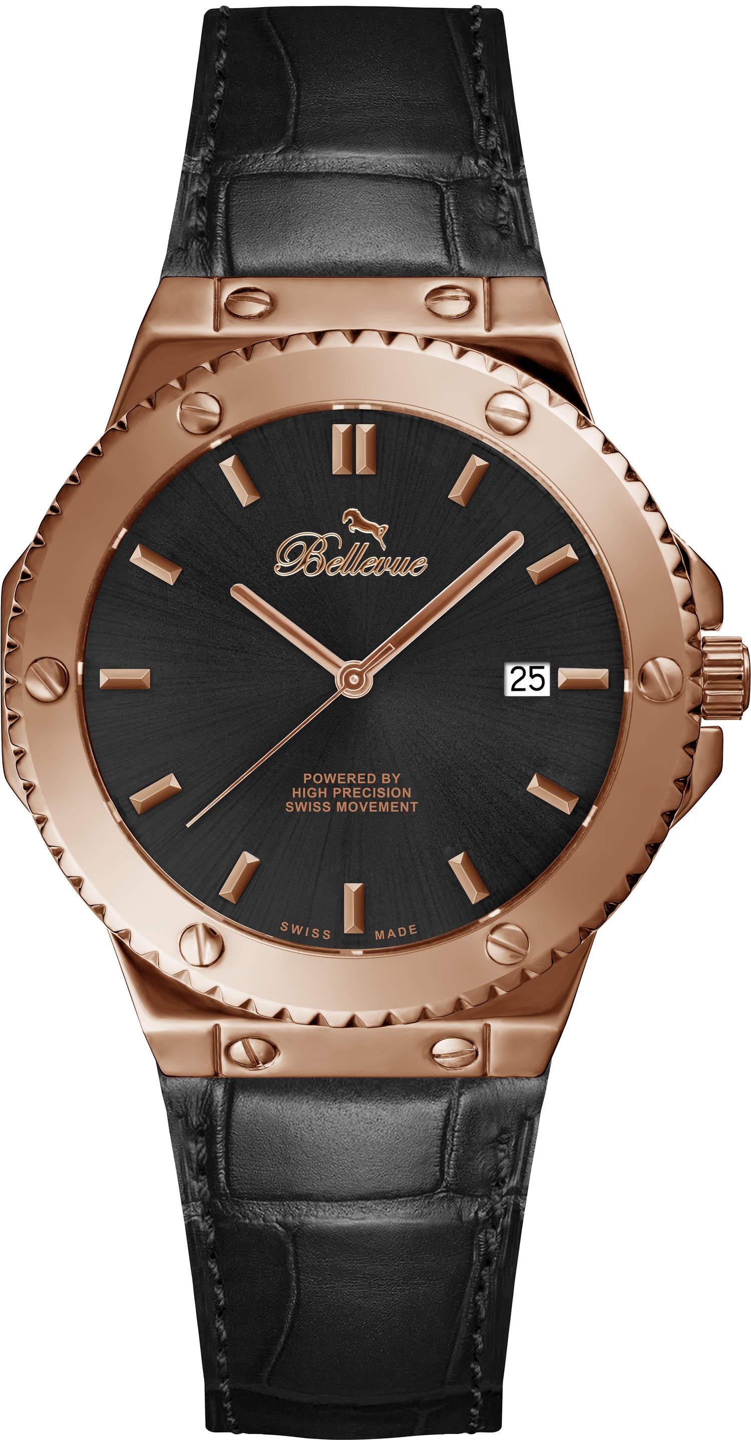 Bellevue Men’s Green Gold Watch 43mm – Ronda Quartz with Date | Stainless Steel Mesh or PU Leather Strap