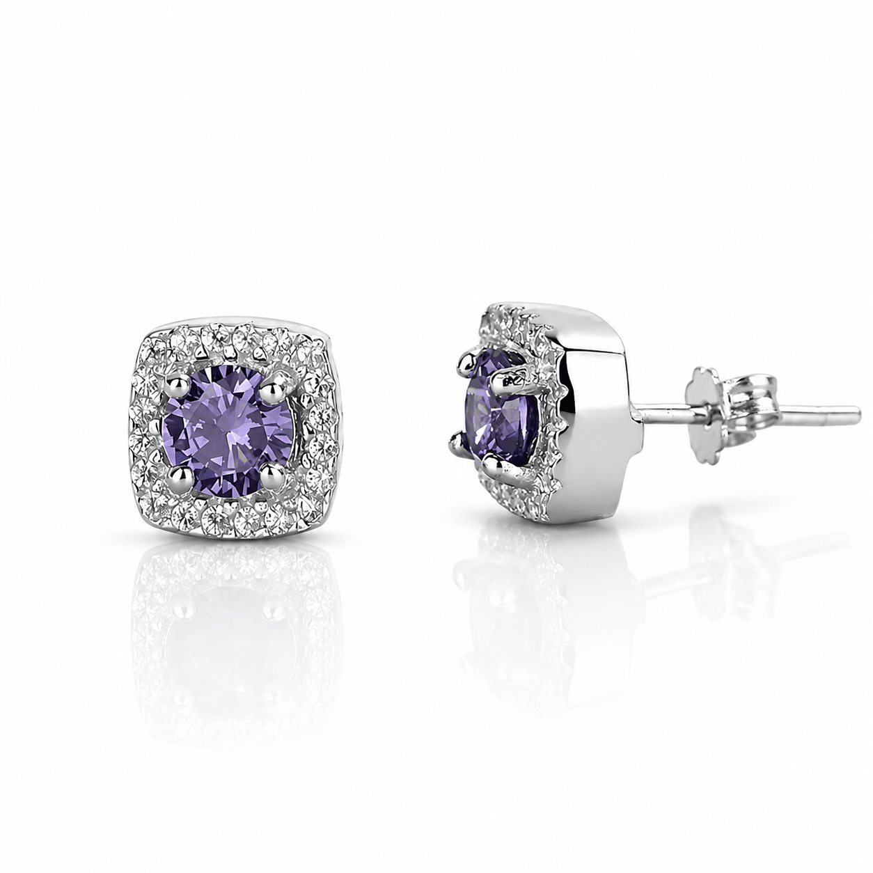 Amethyst Halo Stud Earrings – 925 Silver - NAFALUXE