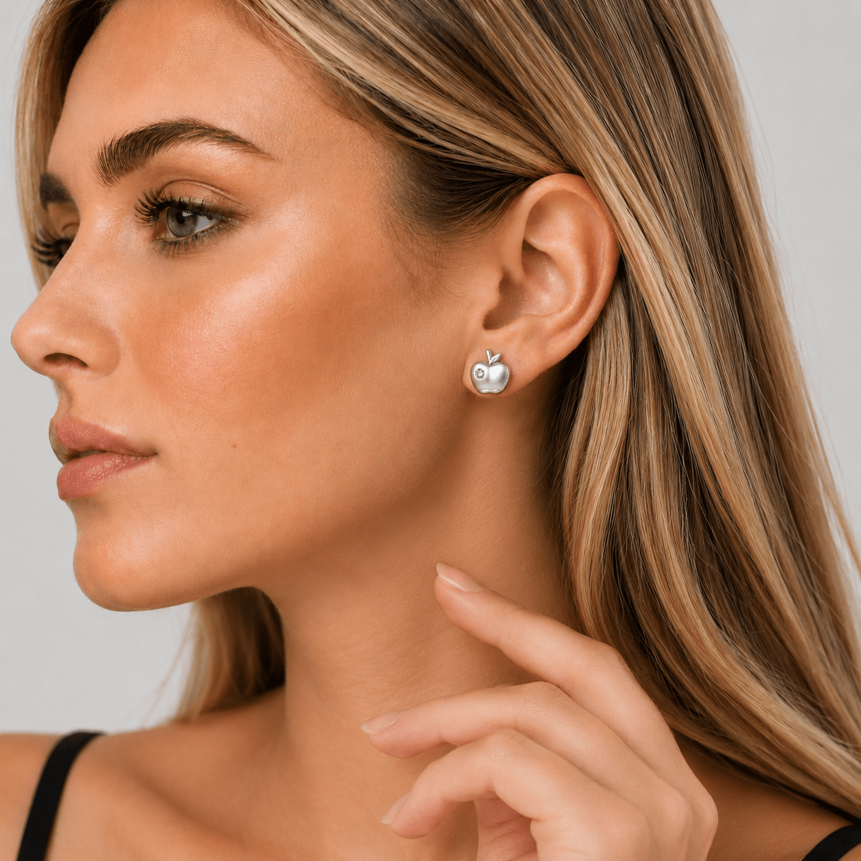 Apple Stud Earrings with Tiny Zirconia Accent Cute and Playful - NAFALUXE