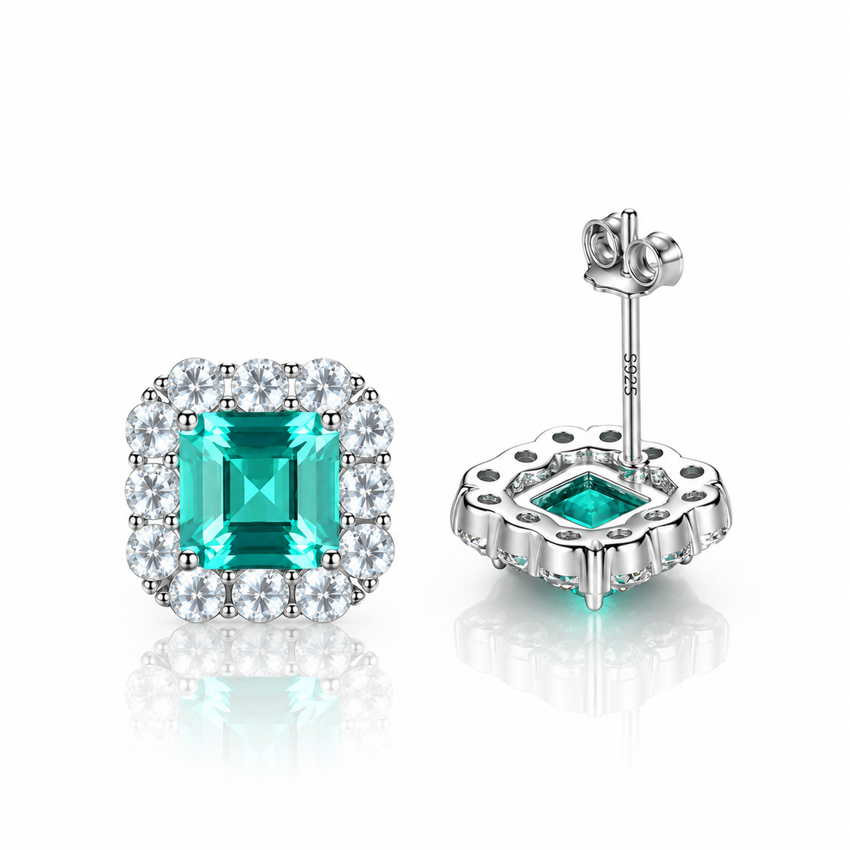 Elegant Emerald-Cut Aqua Blue CZ Halo Stud Earrings in Sterling Silver