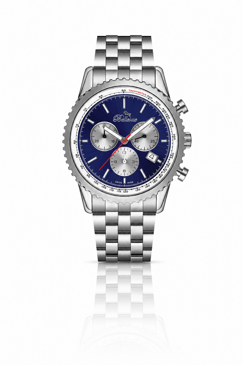 Bellevue Chronograph 43mm Blue Dial Stainless Steel Watch – Ronda Quartz - NAFALUXE