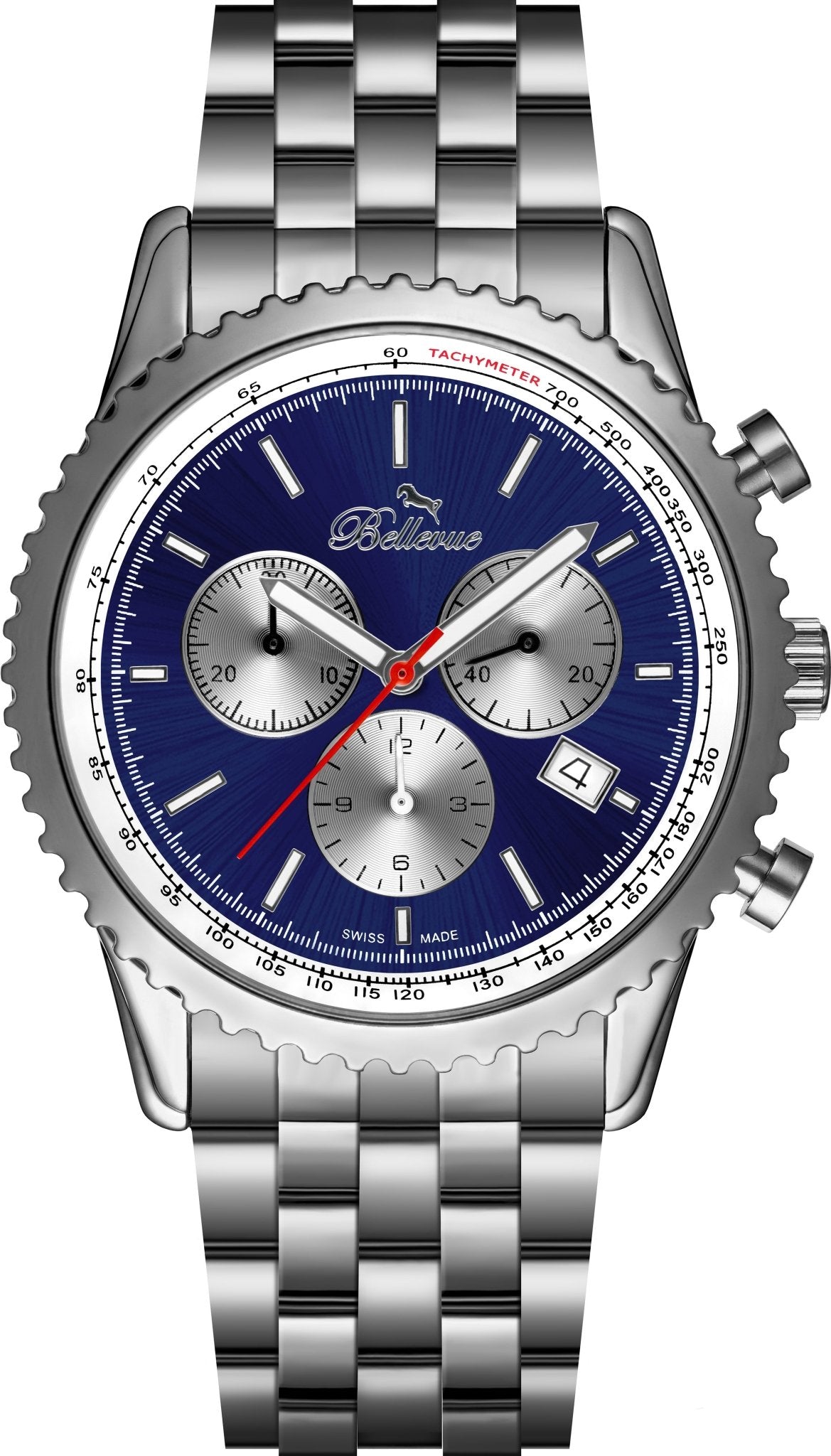 Bellevue Chronograph 43mm Blue Dial Stainless Steel Watch – Ronda Quartz - NAFALUXE