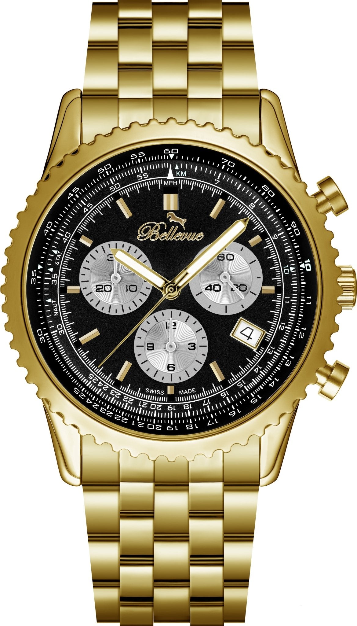 Bellevue Chronograph 43mm Gold Stainless Steel Watch – Ronda Quartz - NAFALUXE
