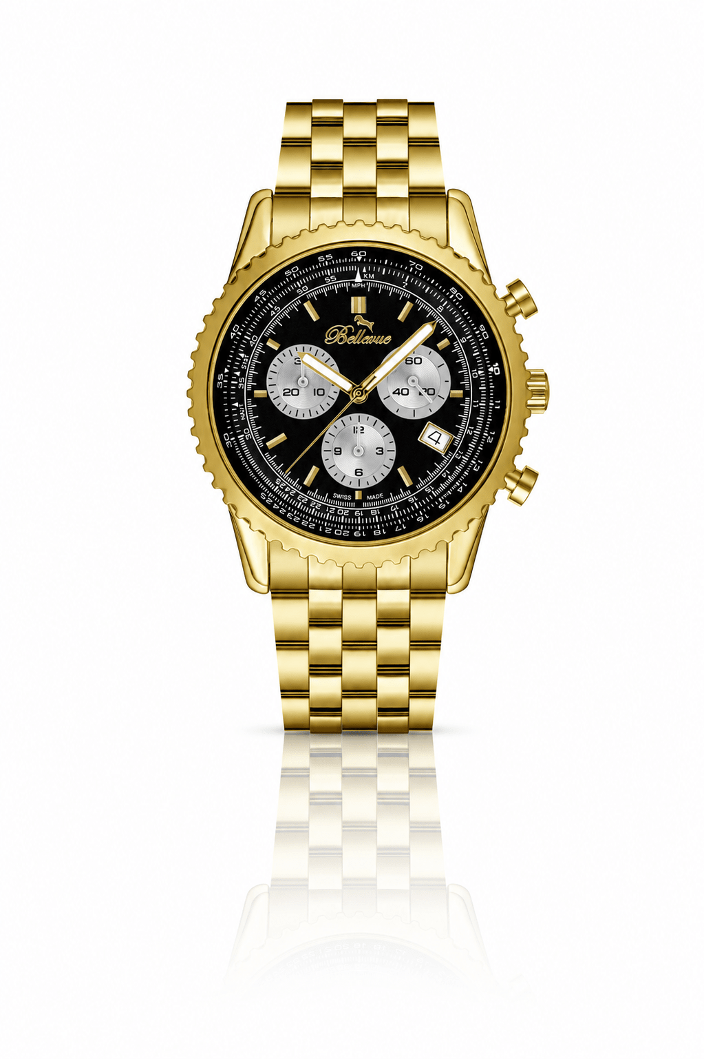 Bellevue Chronograph 43mm Gold Stainless Steel Watch – Ronda Quartz - NAFALUXE