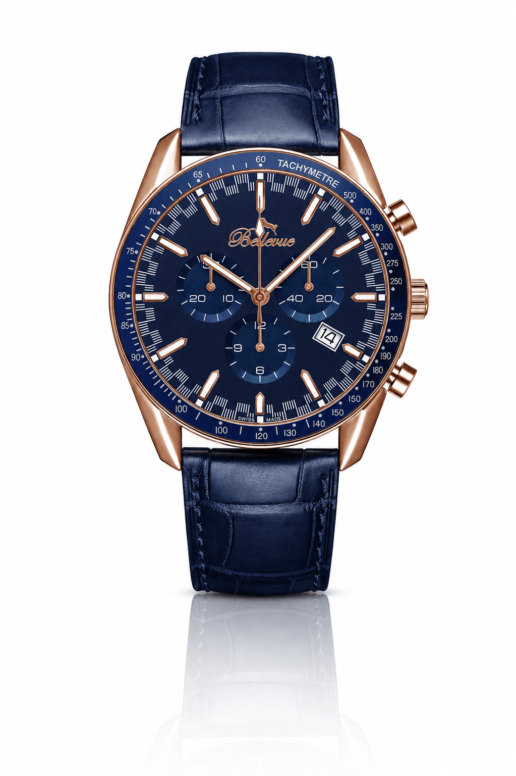 Bellevue Chronograph 43mm Rose Gold & Blue Men's Watch – Ronda Quartz - NAFALUXE
