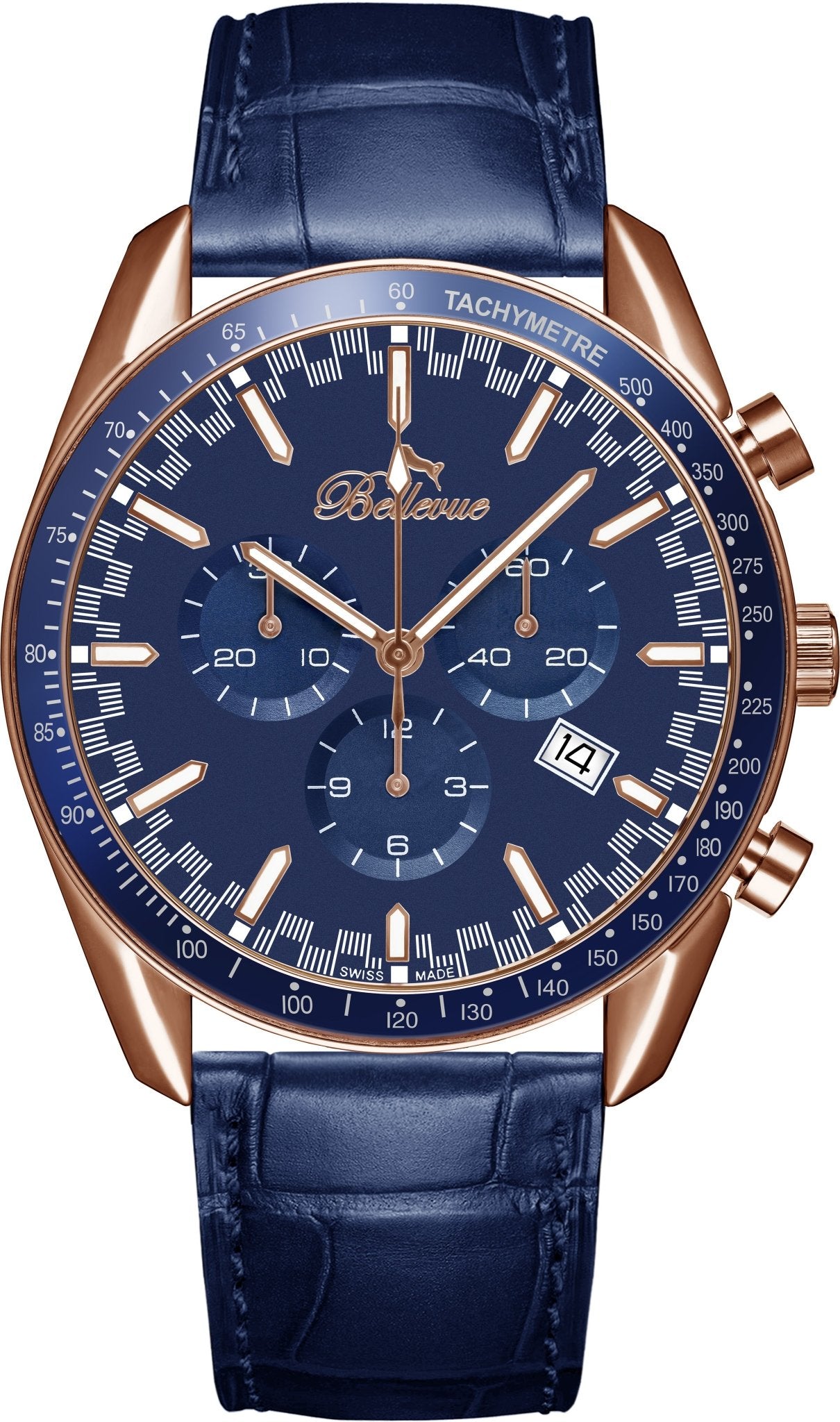 Bellevue Chronograph 43mm Rose Gold & Blue Men's Watch – Ronda Quartz - NAFALUXE