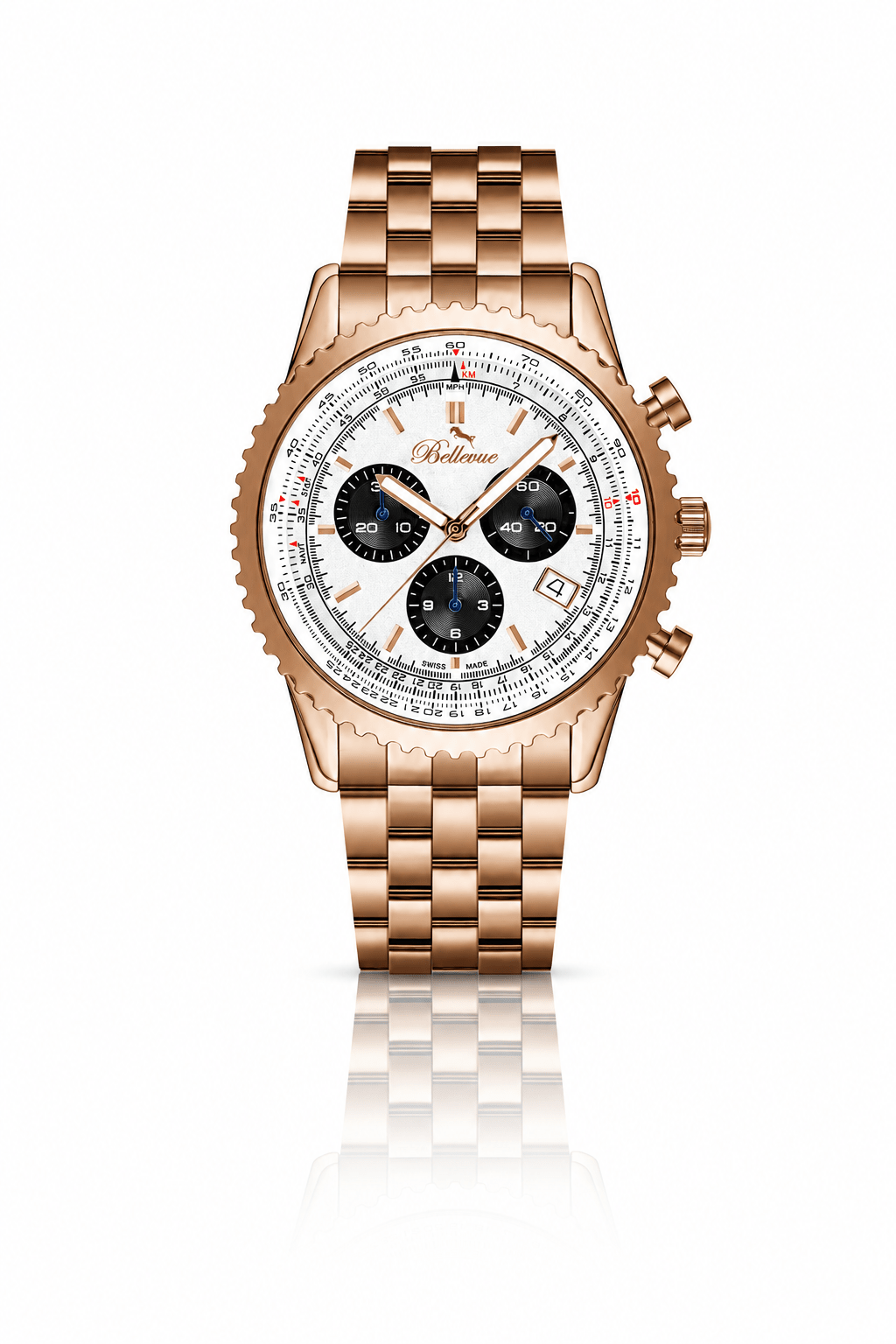 Bellevue Chronograph 43mm Rose Gold Stainless Steel Watch – Ronda Quartz - NAFALUXE