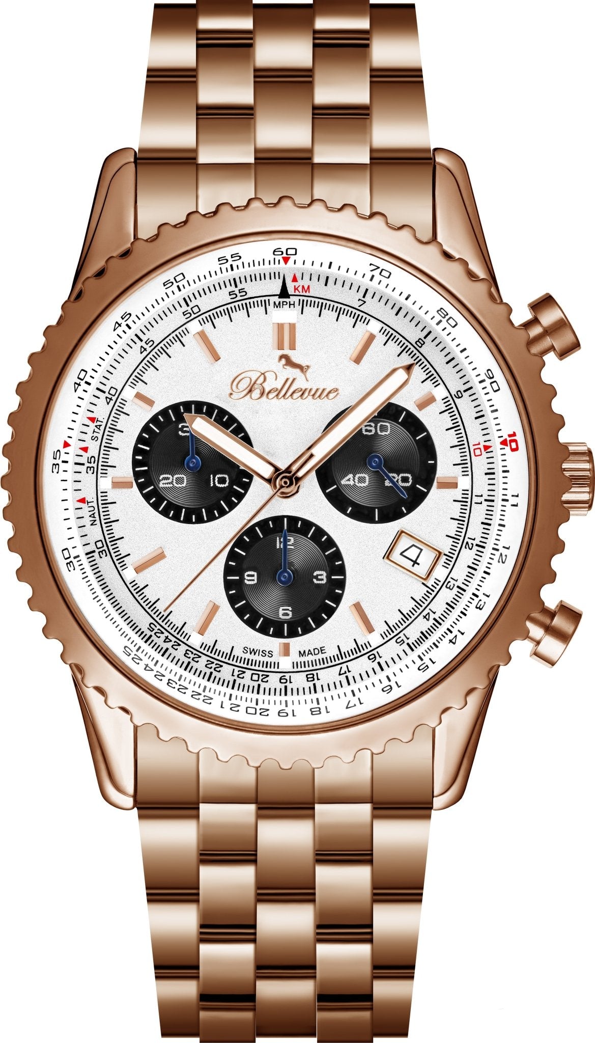 Bellevue Chronograph 43mm Rose Gold Stainless Steel Watch – Ronda Quartz - NAFALUXE