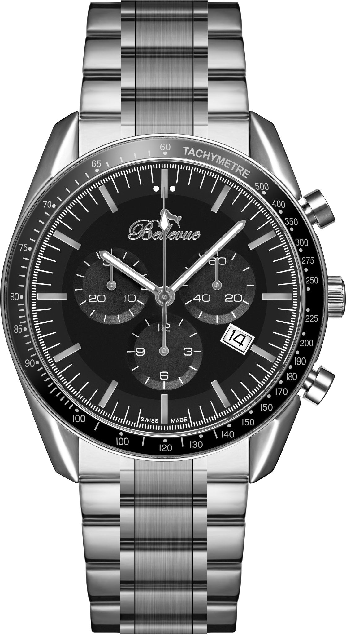 Bellevue Chronograph Stainless Steel Watch – Black Dial | 43 mm - NAFALUXE