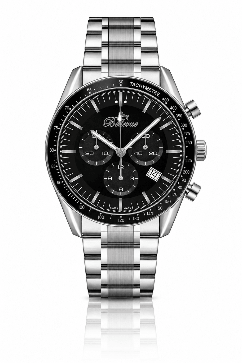 Bellevue Chronograph Stainless Steel Watch – Black Dial | 43 mm - NAFALUXE